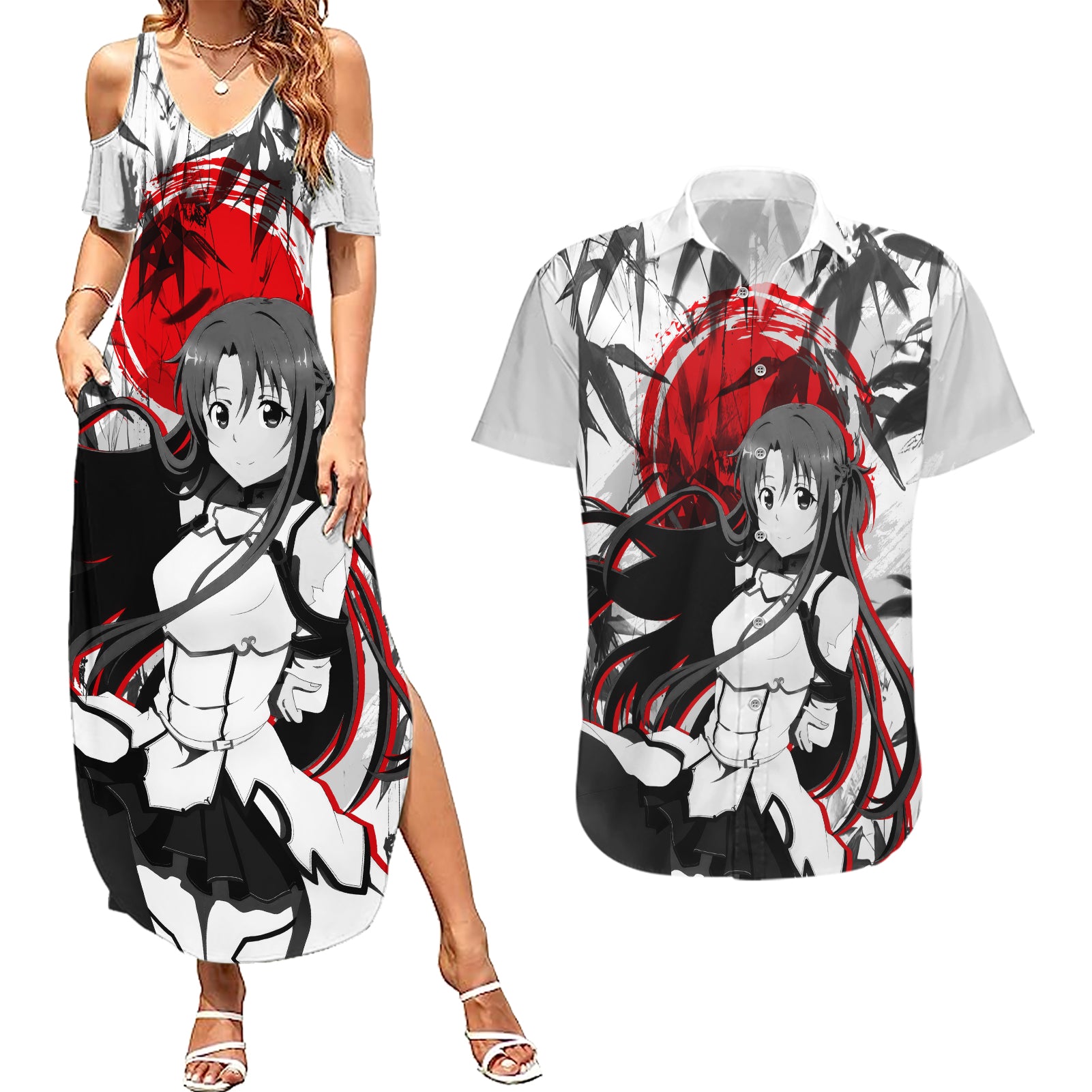 Asuna Couples Matching Summer Maxi Dress and Hawaiian Shirt Sword Art Online Anime Japan Style