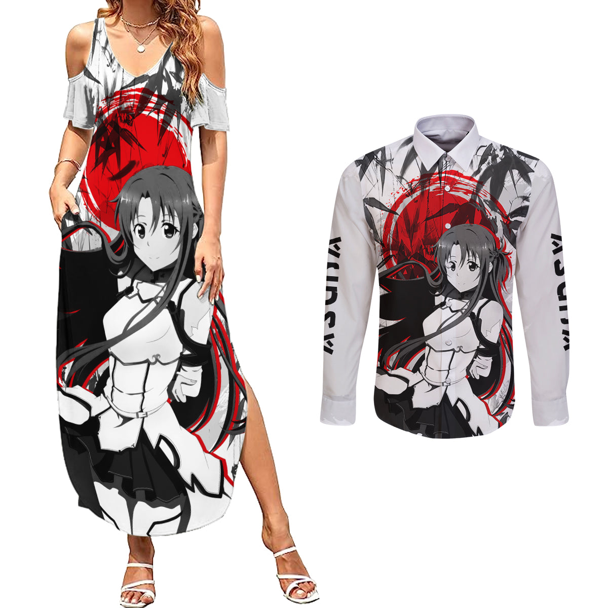 Asuna Couples Matching Summer Maxi Dress and Long Sleeve Button Shirt Sword Art Online Anime Japan Style