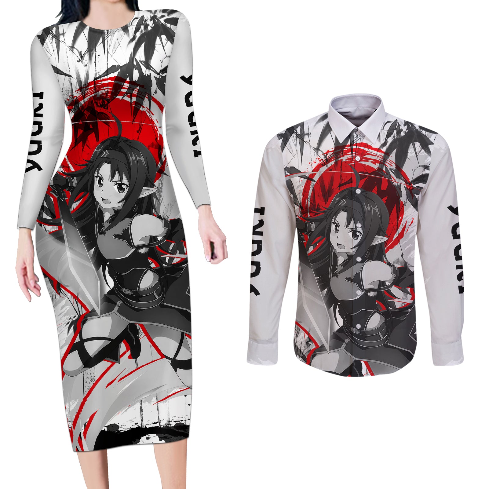 Yuuki Japan Style Couples Matching Long Sleeve Bodycon Dress and Long Sleeve Button Shirt Sword Art Online