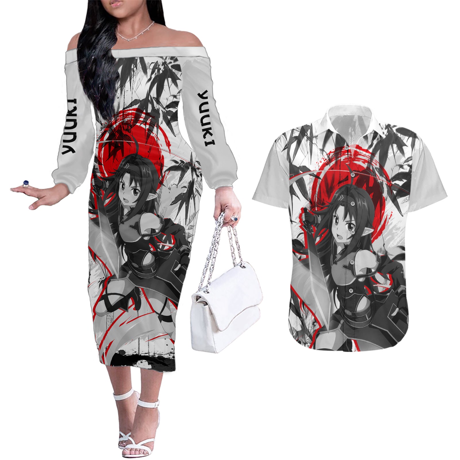 Yuuki Japan Style Couples Matching Off The Shoulder Long Sleeve Dress and Hawaiian Shirt Sword Art Online