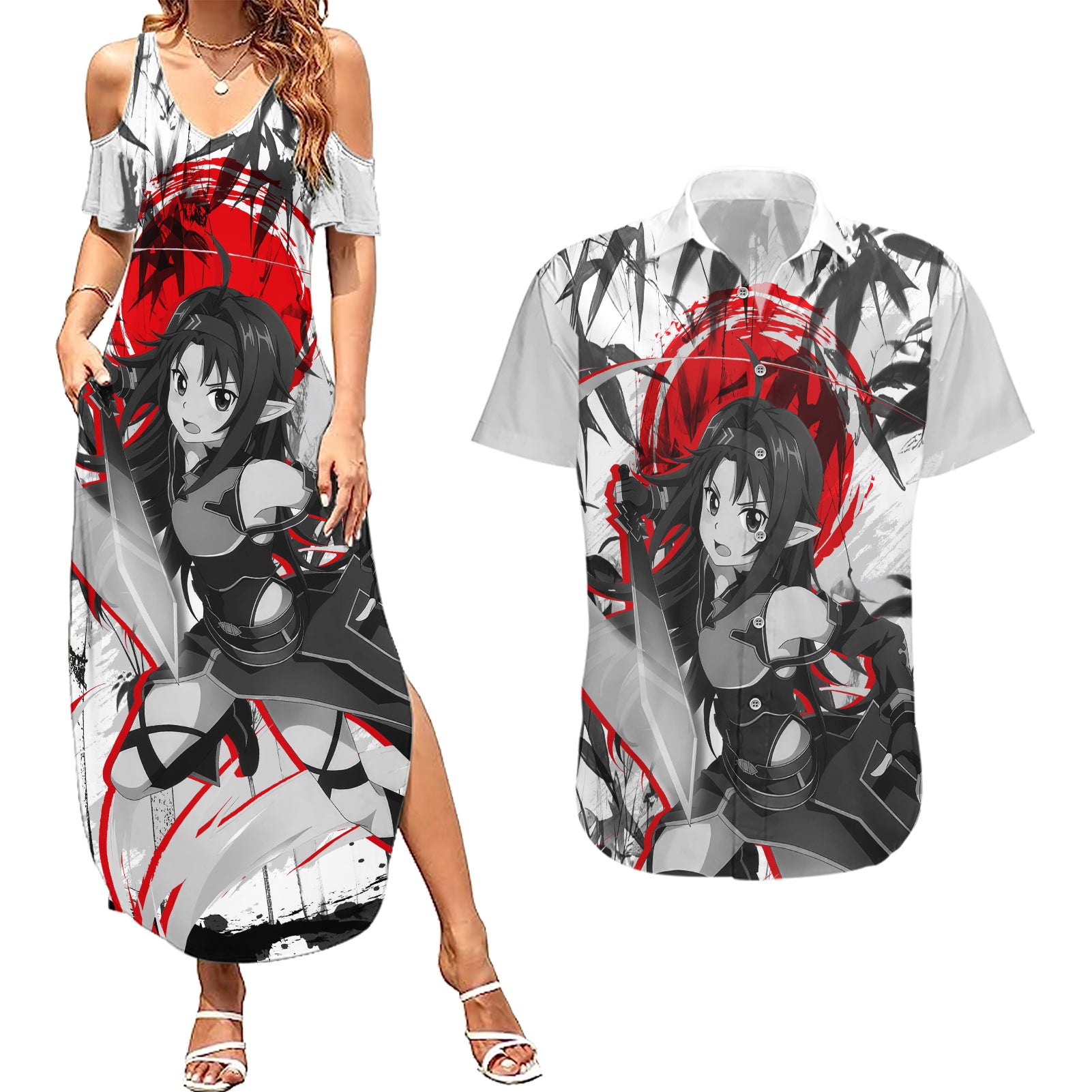 Yuuki Japan Style Couples Matching Summer Maxi Dress and Hawaiian Shirt Sword Art Online