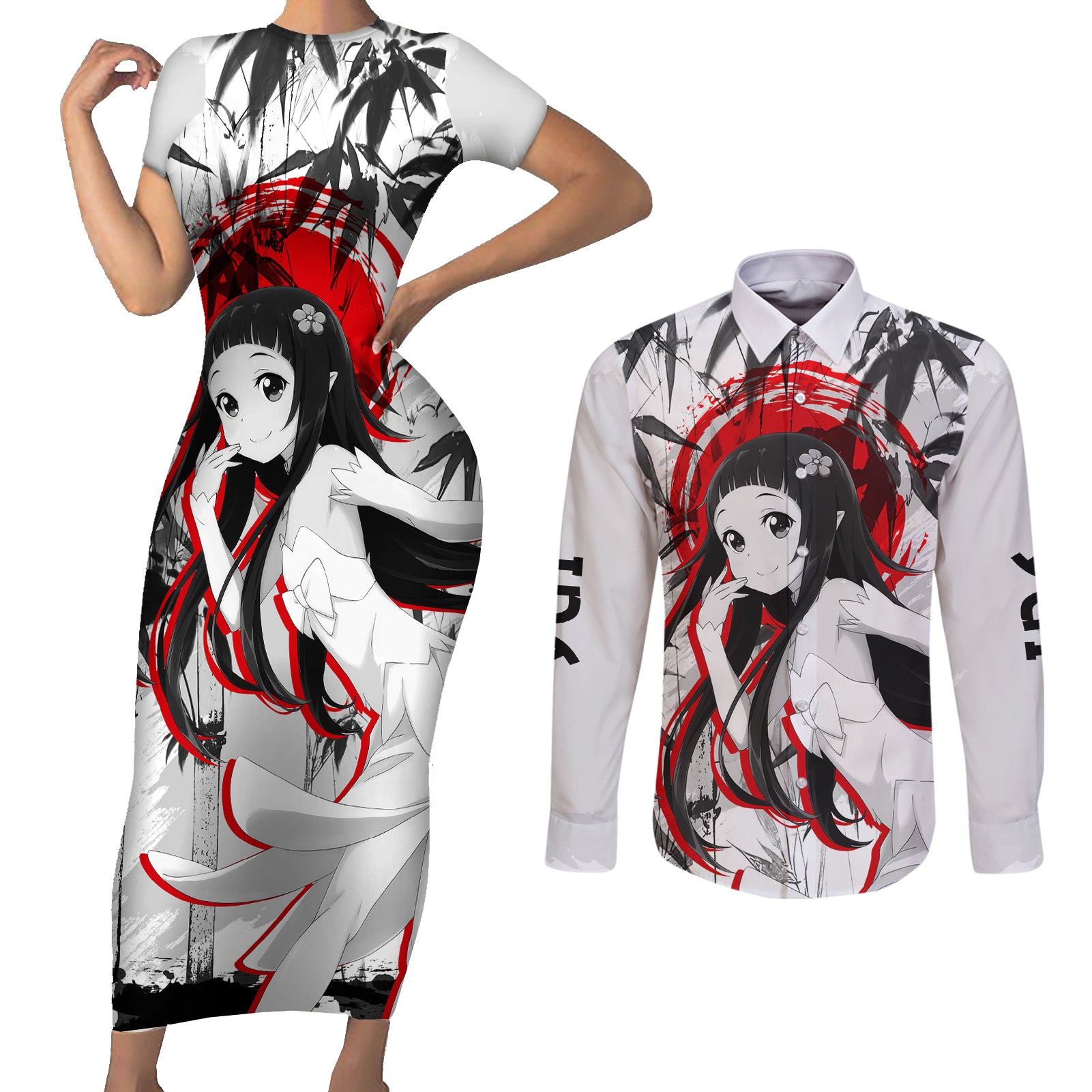 Yui Japan Style Couples Matching Short Sleeve Bodycon Dress and Long Sleeve Button Shirt Sword Art Online