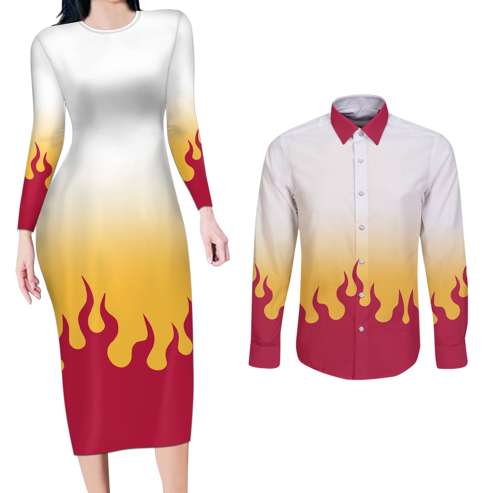 Kyojuro Rengoku Couples Matching Long Sleeve Bodycon Dress and Long Sleeve Button Shirt Demon Slayer