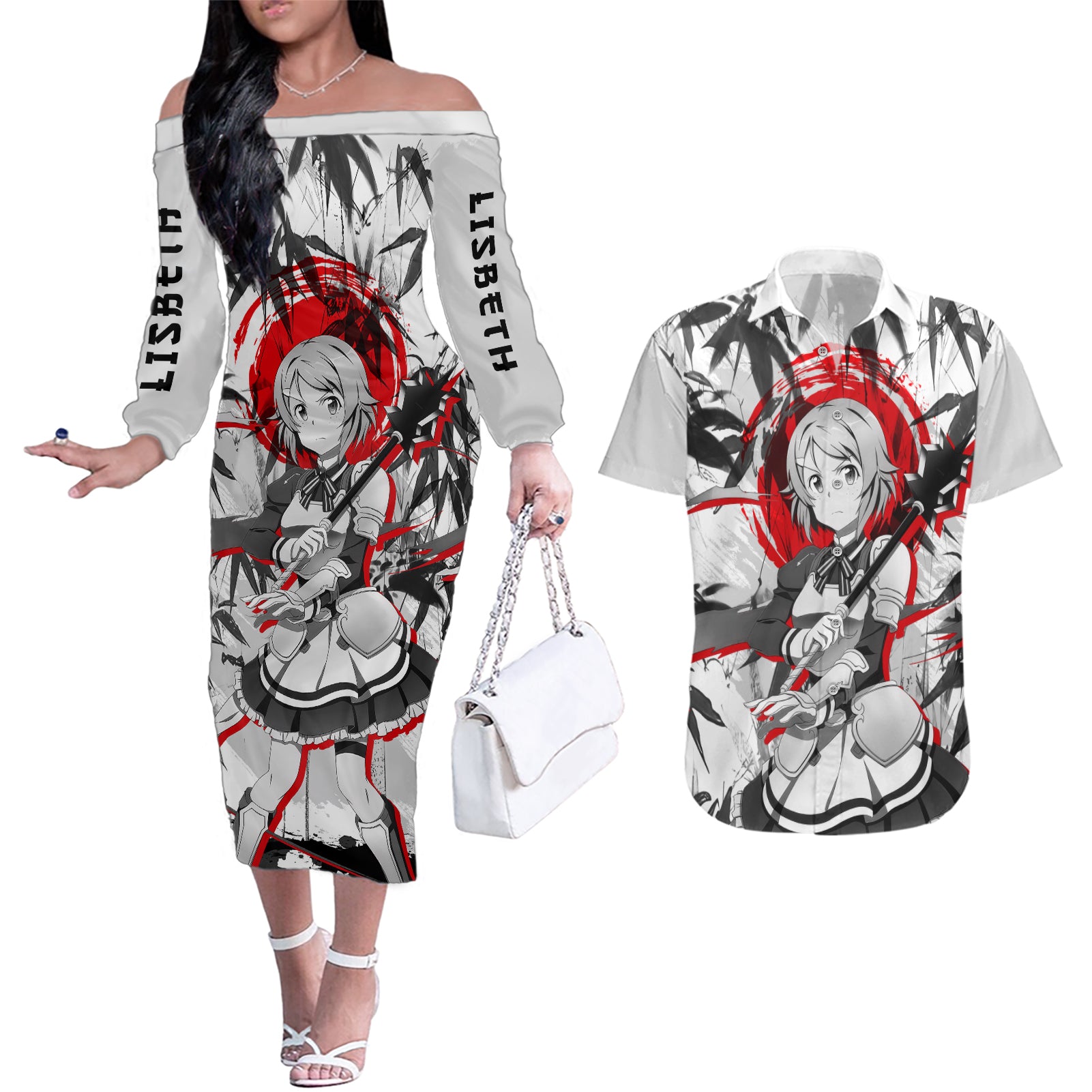 Lisbeth Couples Matching Off The Shoulder Long Sleeve Dress and Hawaiian Shirt Sword Art Online