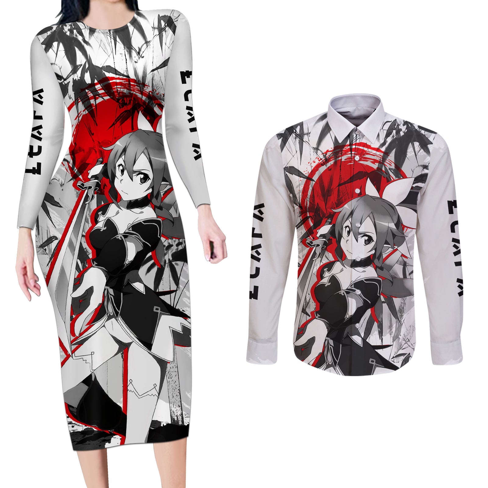 Leafa Japan Style Couples Matching Long Sleeve Bodycon Dress and Long Sleeve Button Shirt Sword Art Online