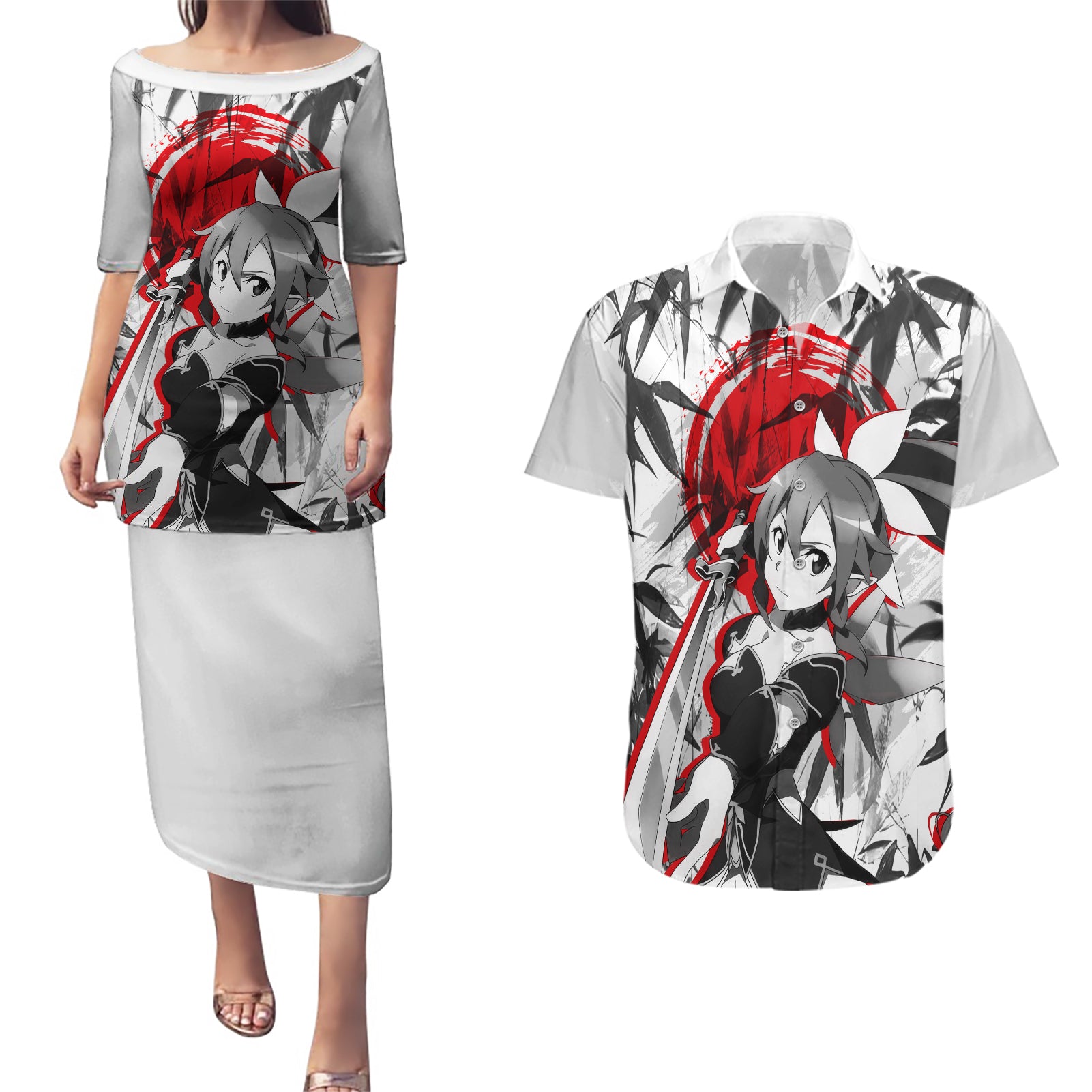 Leafa Japan Style Couples Matching Puletasi and Hawaiian Shirt Sword Art Online