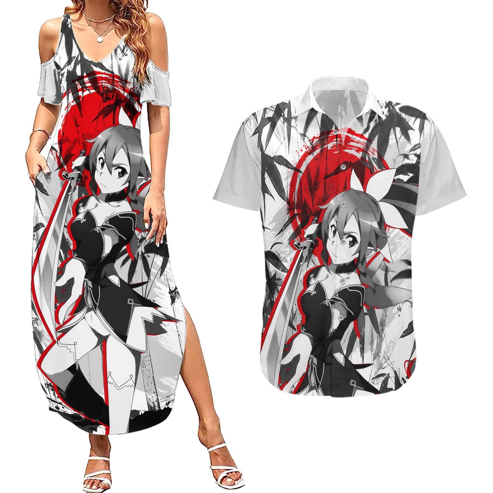 Leafa Japan Style Couples Matching Summer Maxi Dress and Hawaiian Shirt Sword Art Online