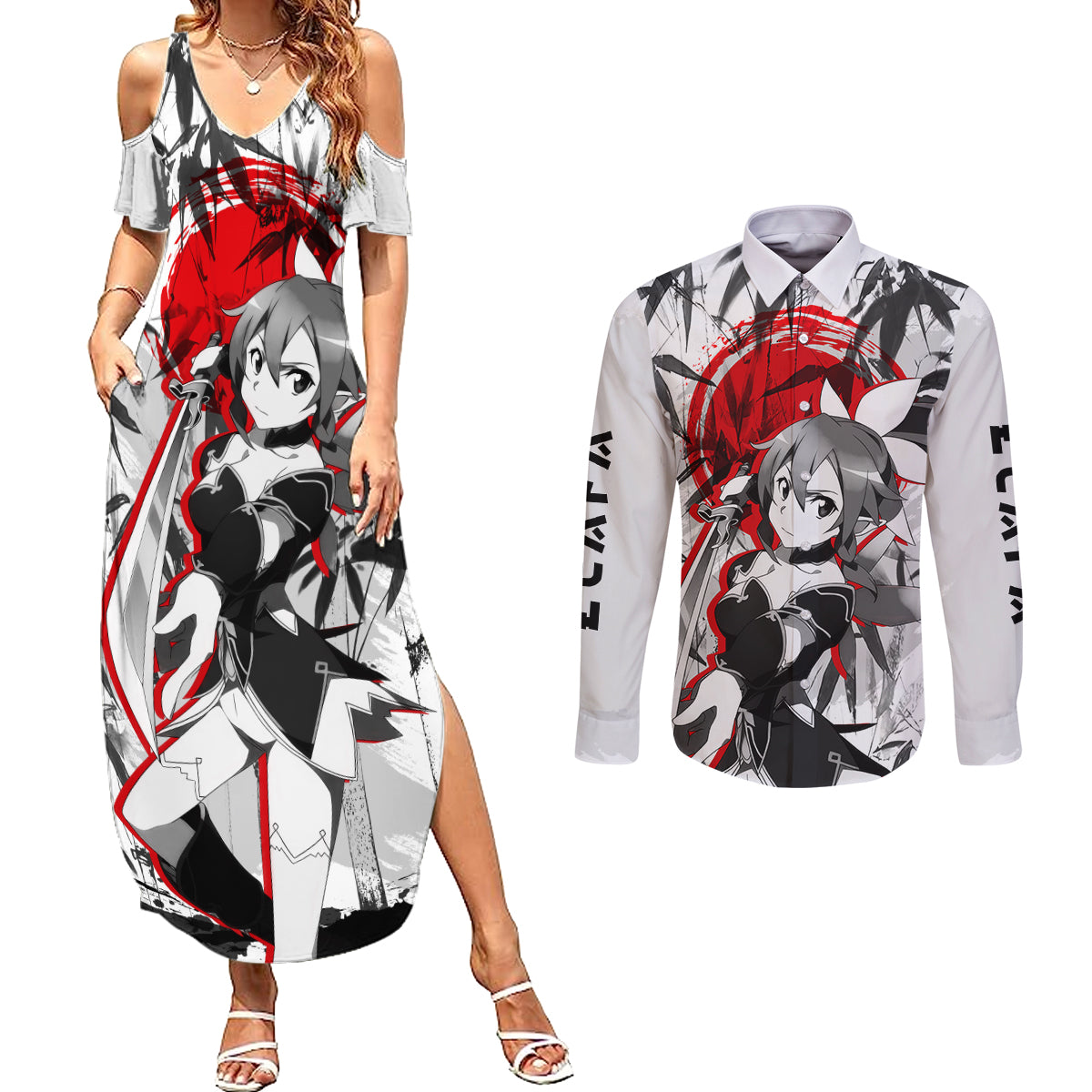 Leafa Japan Style Couples Matching Summer Maxi Dress and Long Sleeve Button Shirt Sword Art Online