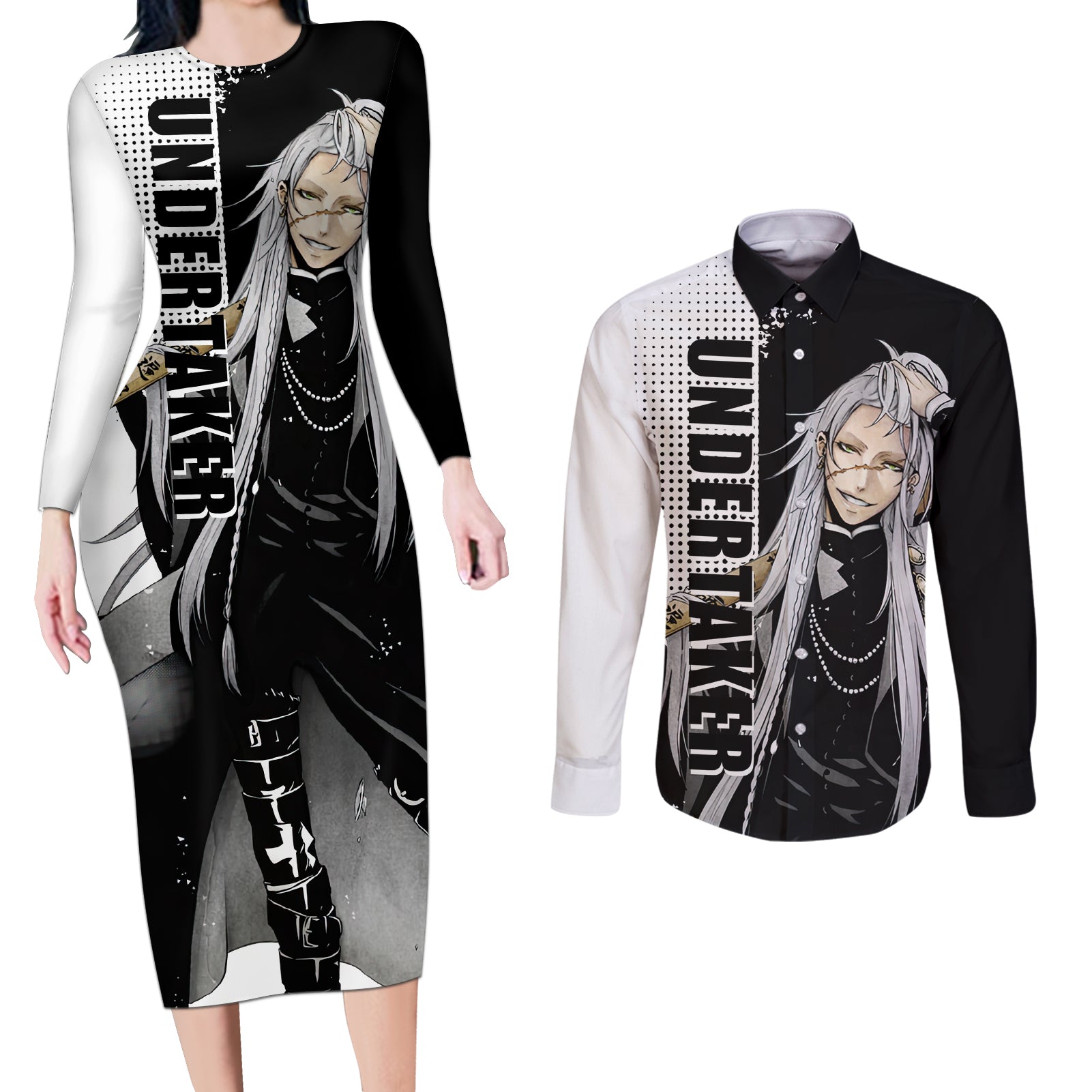 Undertaker Couples Matching Long Sleeve Bodycon Dress and Long Sleeve Button Shirt Black Butler