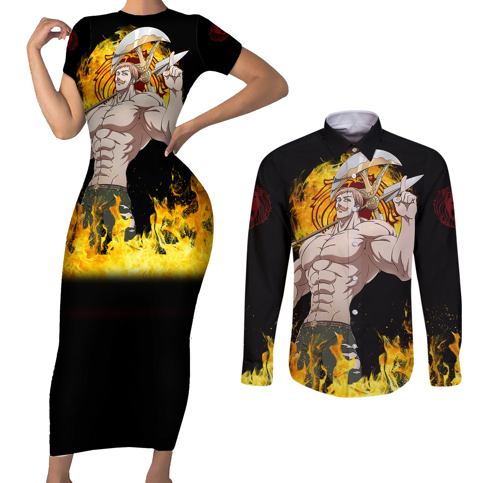 Escanor Couples Matching Short Sleeve Bodycon Dress and Long Sleeve Button Shirt Seven Deadly Sins Anime