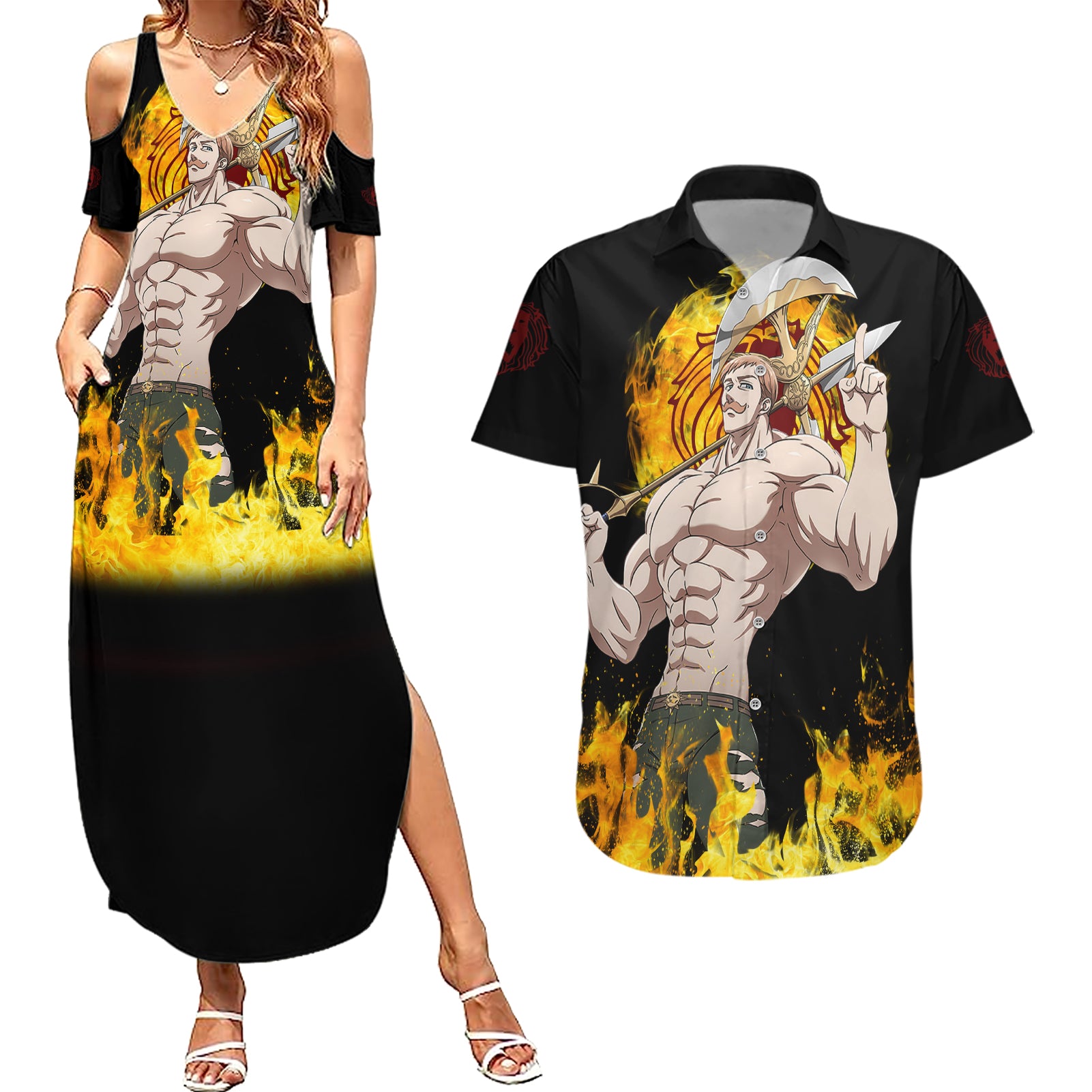 Escanor Couples Matching Summer Maxi Dress and Hawaiian Shirt Seven Deadly Sins Anime