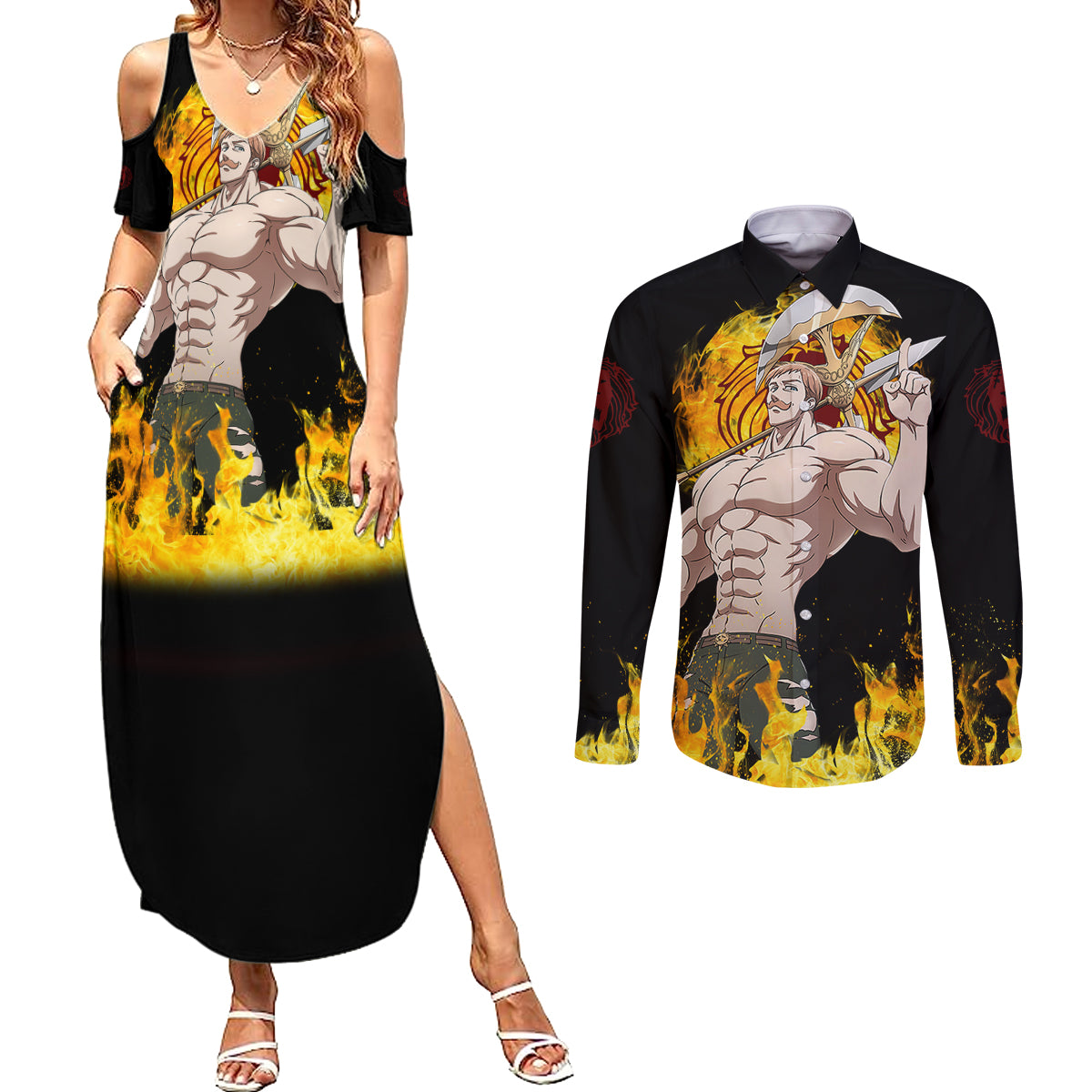 Escanor Couples Matching Summer Maxi Dress and Long Sleeve Button Shirt Seven Deadly Sins Anime