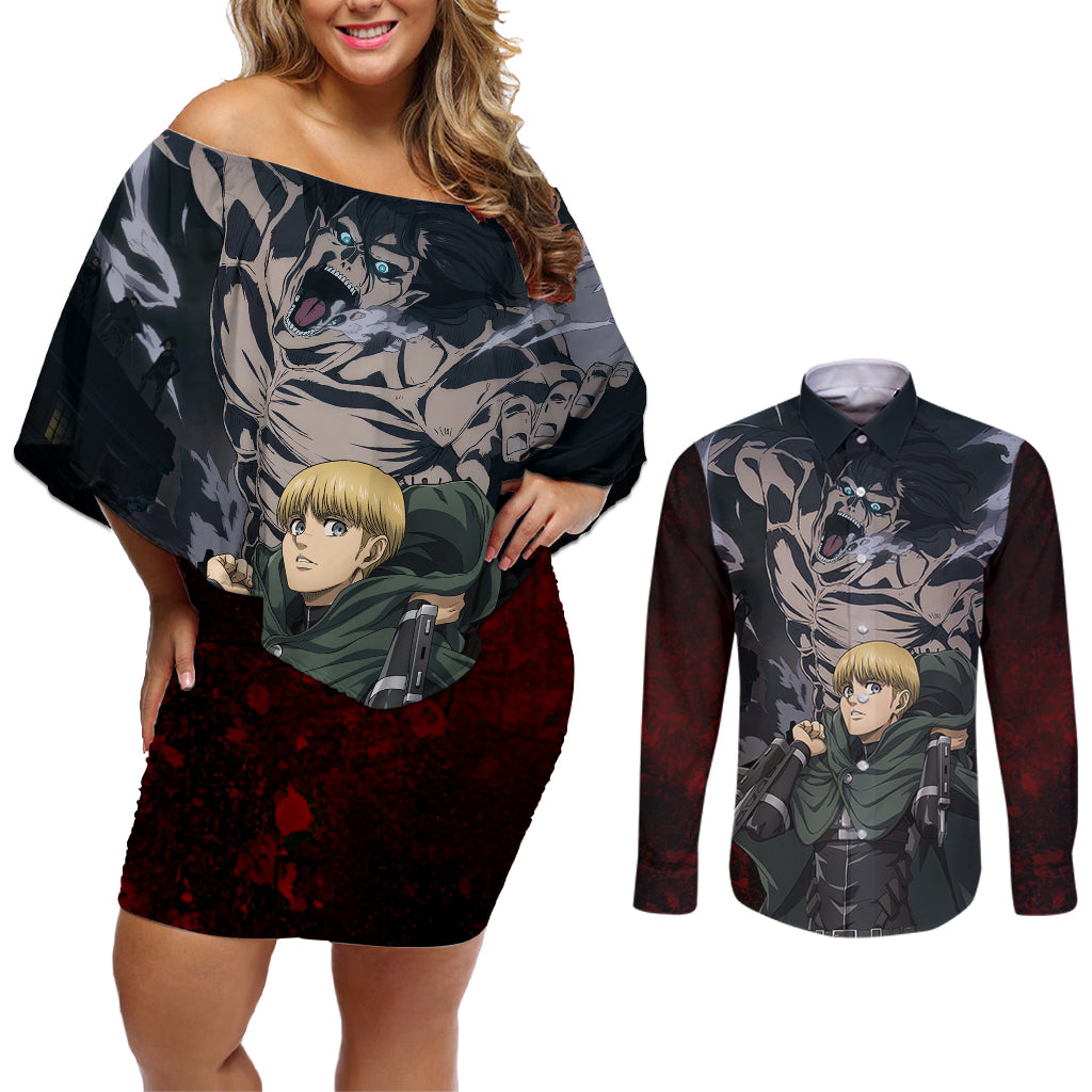 Armin Arlert  Final Season Anime Couples Matching Off Shoulder Short Dress and Long Sleeve Button Shirt Attack On Titan