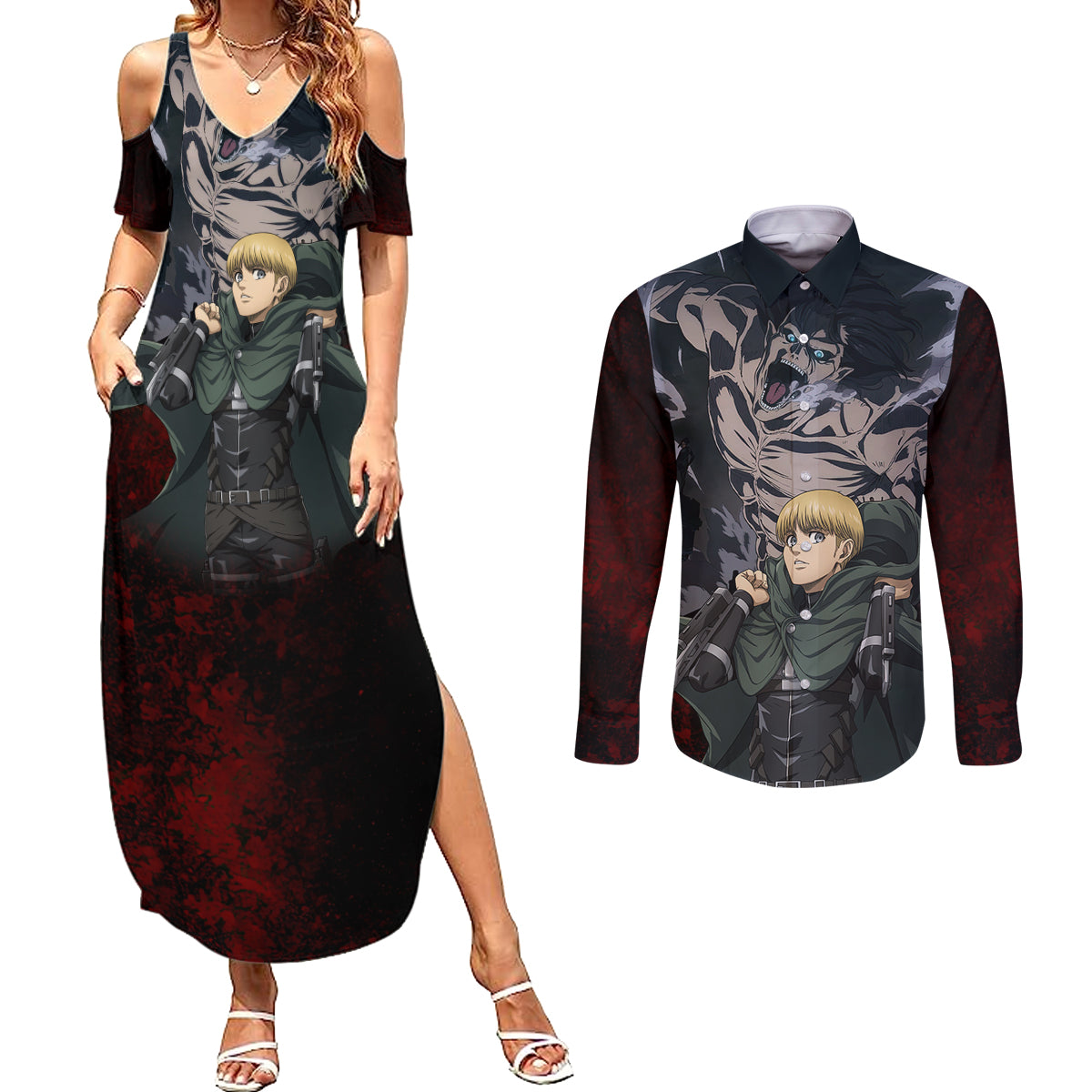 Armin Arlert  Final Season Anime Couples Matching Summer Maxi Dress and Long Sleeve Button Shirt Attack On Titan