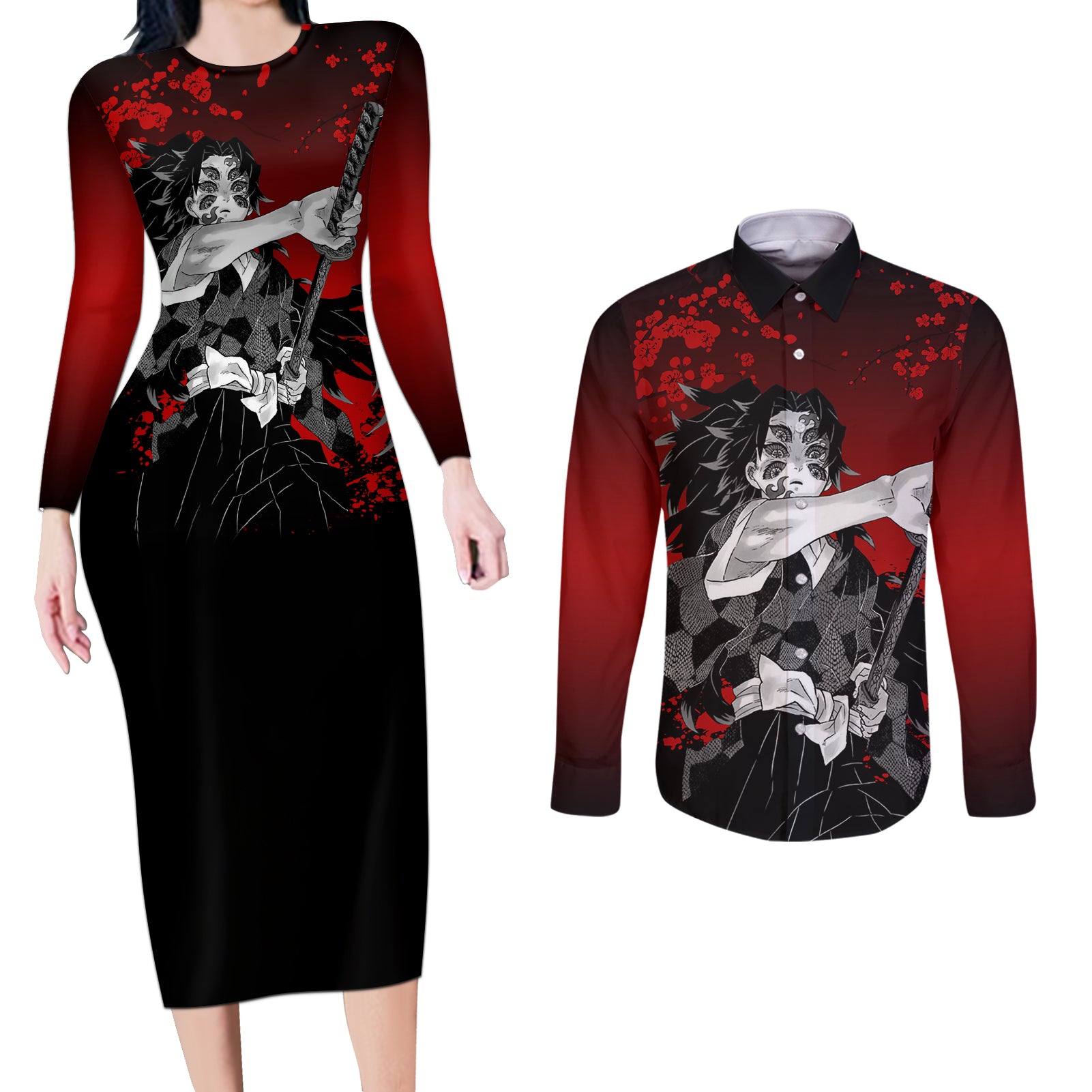 Kokushibo Couples Matching Long Sleeve Bodycon Dress and Long Sleeve Button Shirt Demon Slayer