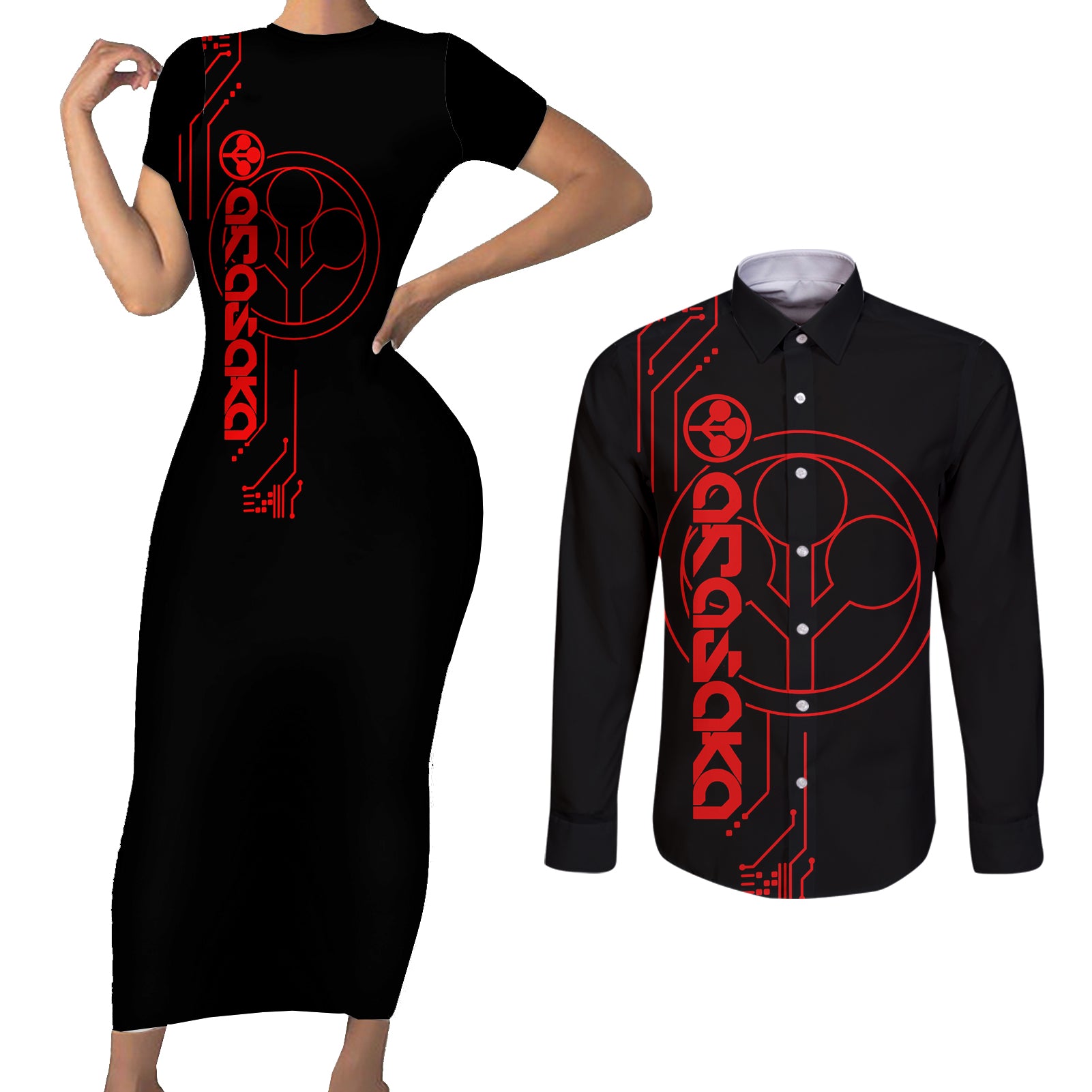 Arasaka Academy Couples Matching Short Sleeve Bodycon Dress and Long Sleeve Button Shirt Cyberpunk