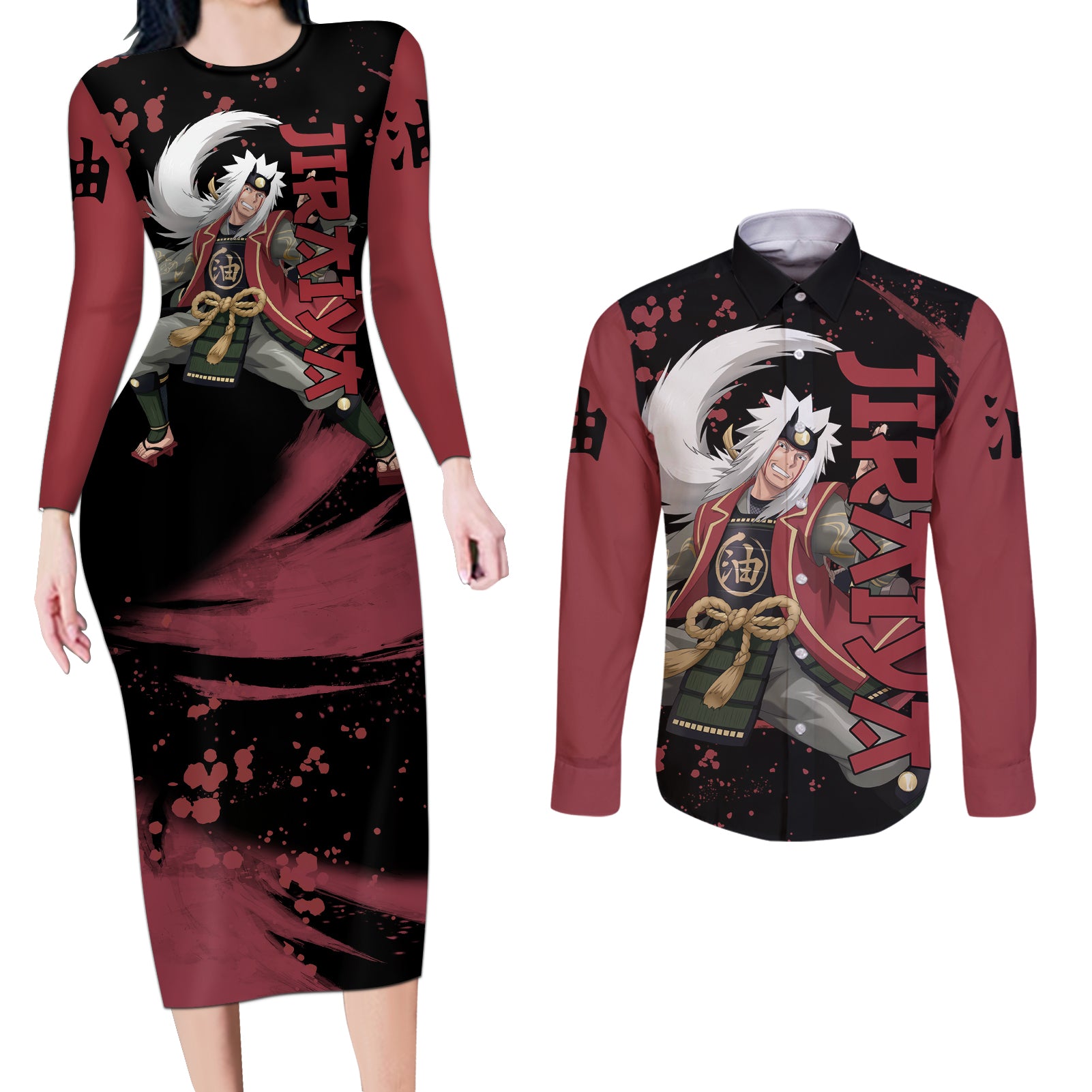 Jiraiya Couples Matching Long Sleeve Bodycon Dress and Long Sleeve Button Shirt Naruto