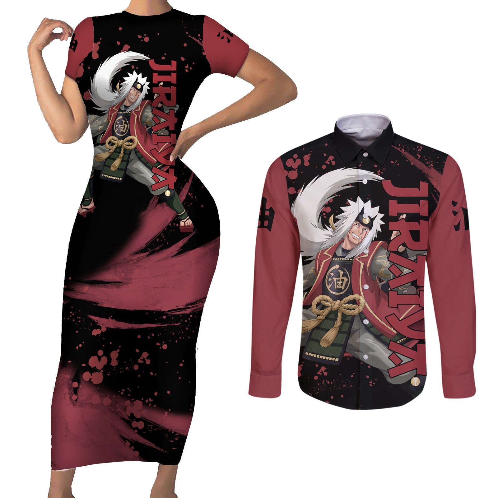 Jiraiya Couples Matching Short Sleeve Bodycon Dress and Long Sleeve Button Shirt Naruto