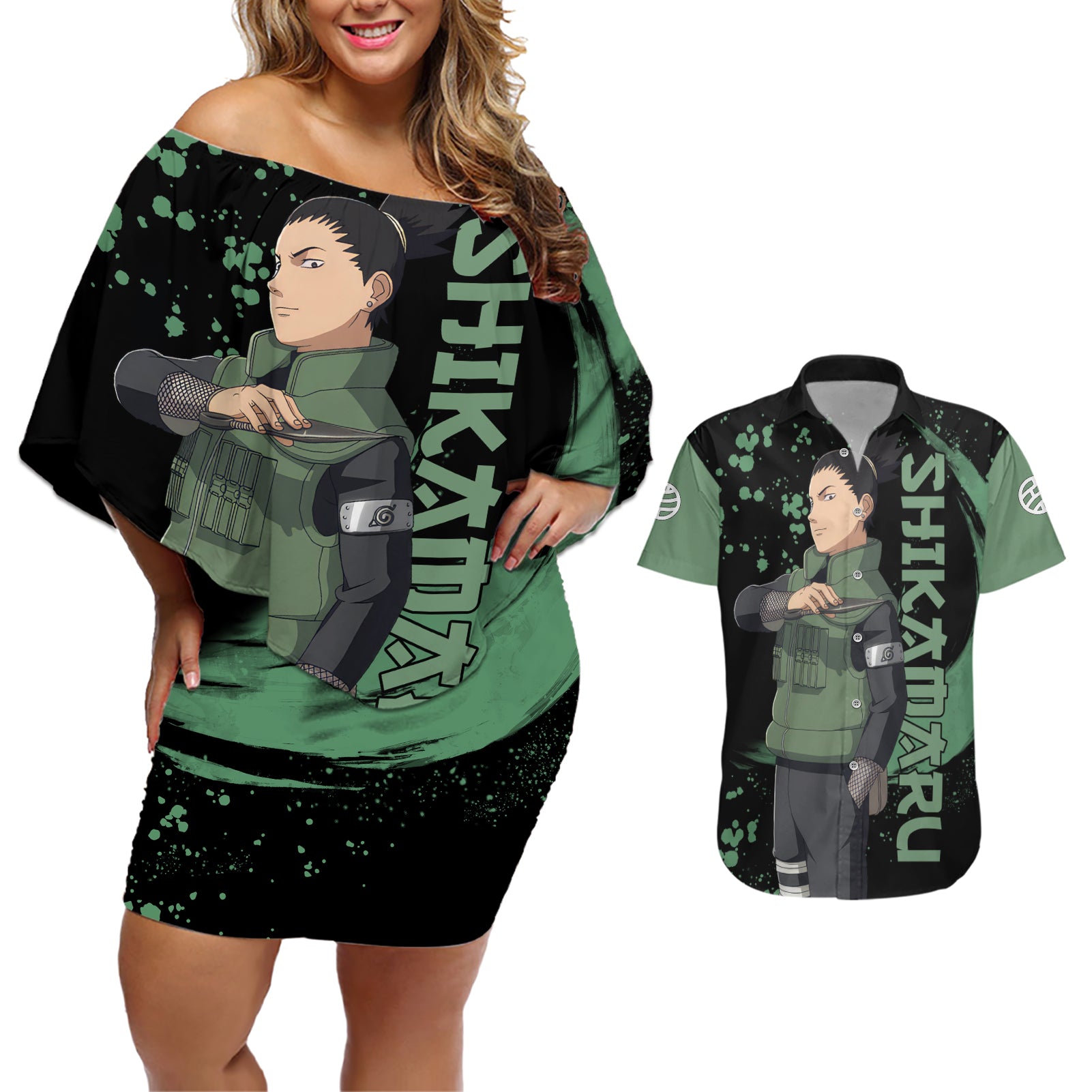 Nara Shikamaru Couples Matching Off Shoulder Short Dress and Hawaiian Shirt Naruto