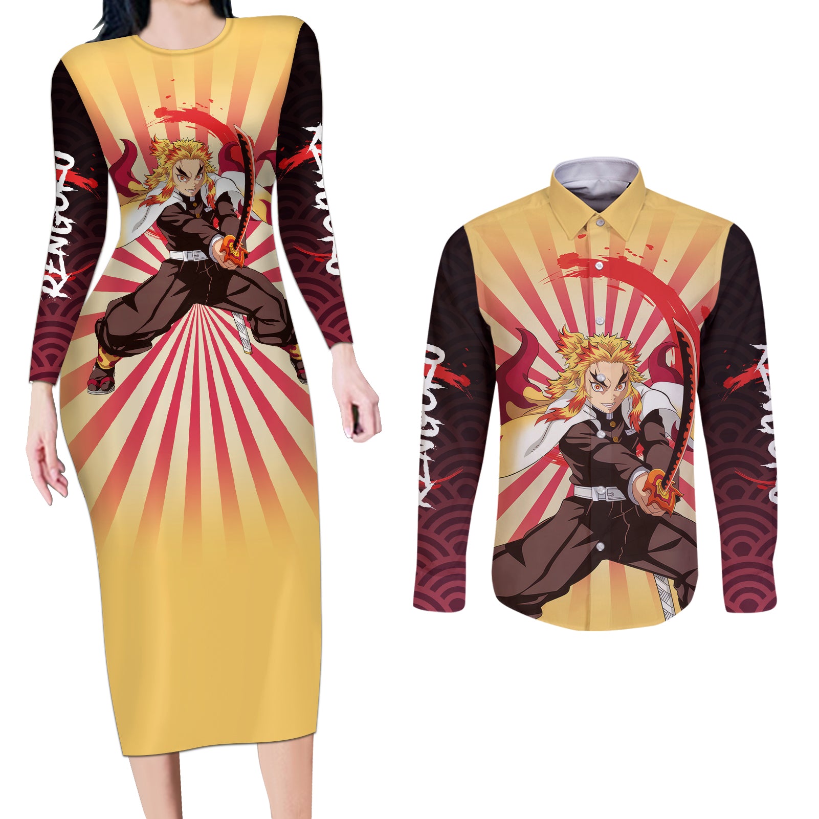 Rengoku Couples Matching Long Sleeve Bodycon Dress and Long Sleeve Button Shirt Demon Slayer