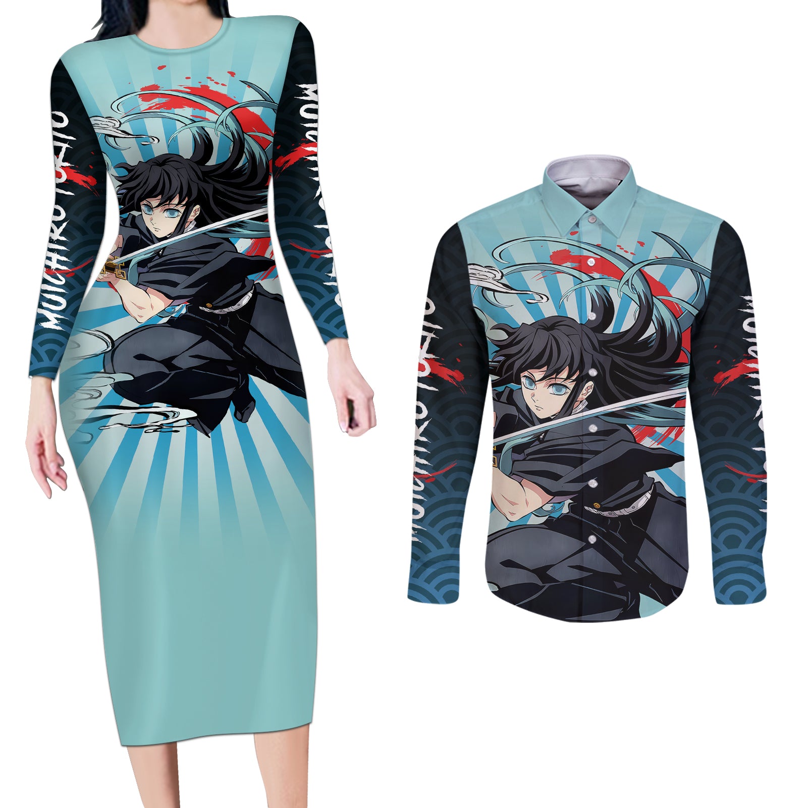 Muichiro Tokito Couples Matching Long Sleeve Bodycon Dress and Long Sleeve Button Shirt Demon Slayer