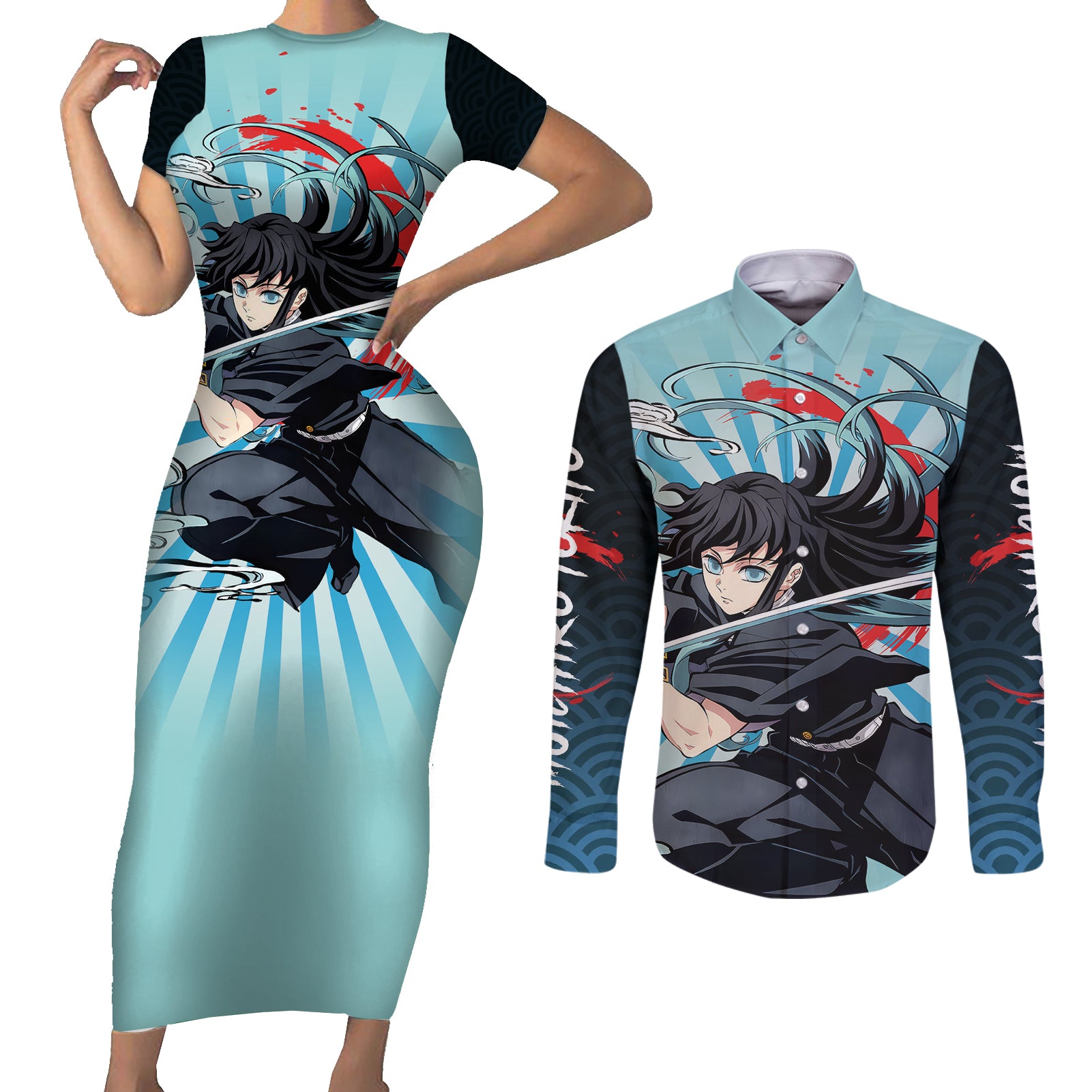 Muichiro Tokito Couples Matching Short Sleeve Bodycon Dress and Long Sleeve Button Shirt Demon Slayer