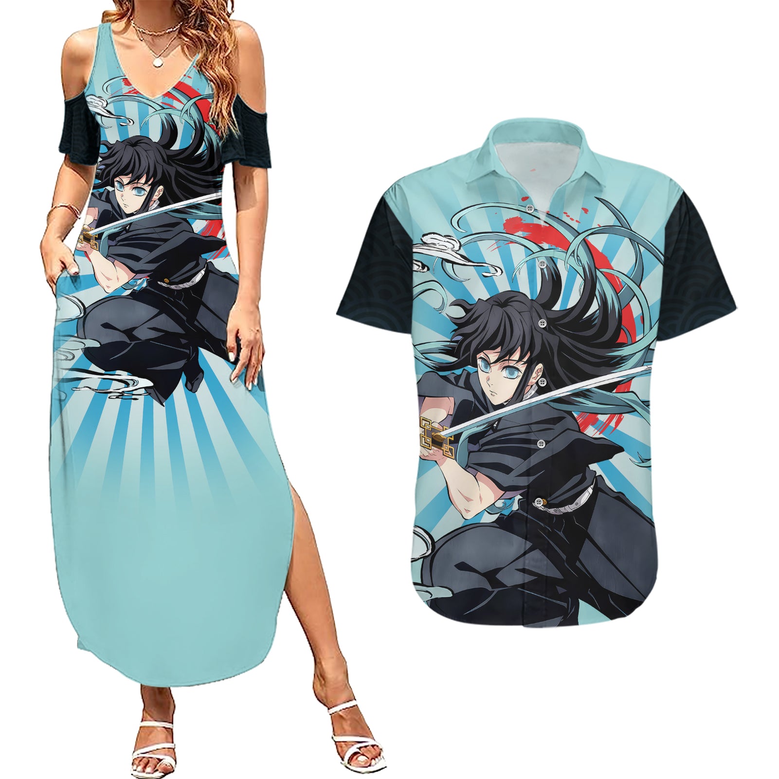 Muichiro Tokito Couples Matching Summer Maxi Dress and Hawaiian Shirt Demon Slayer