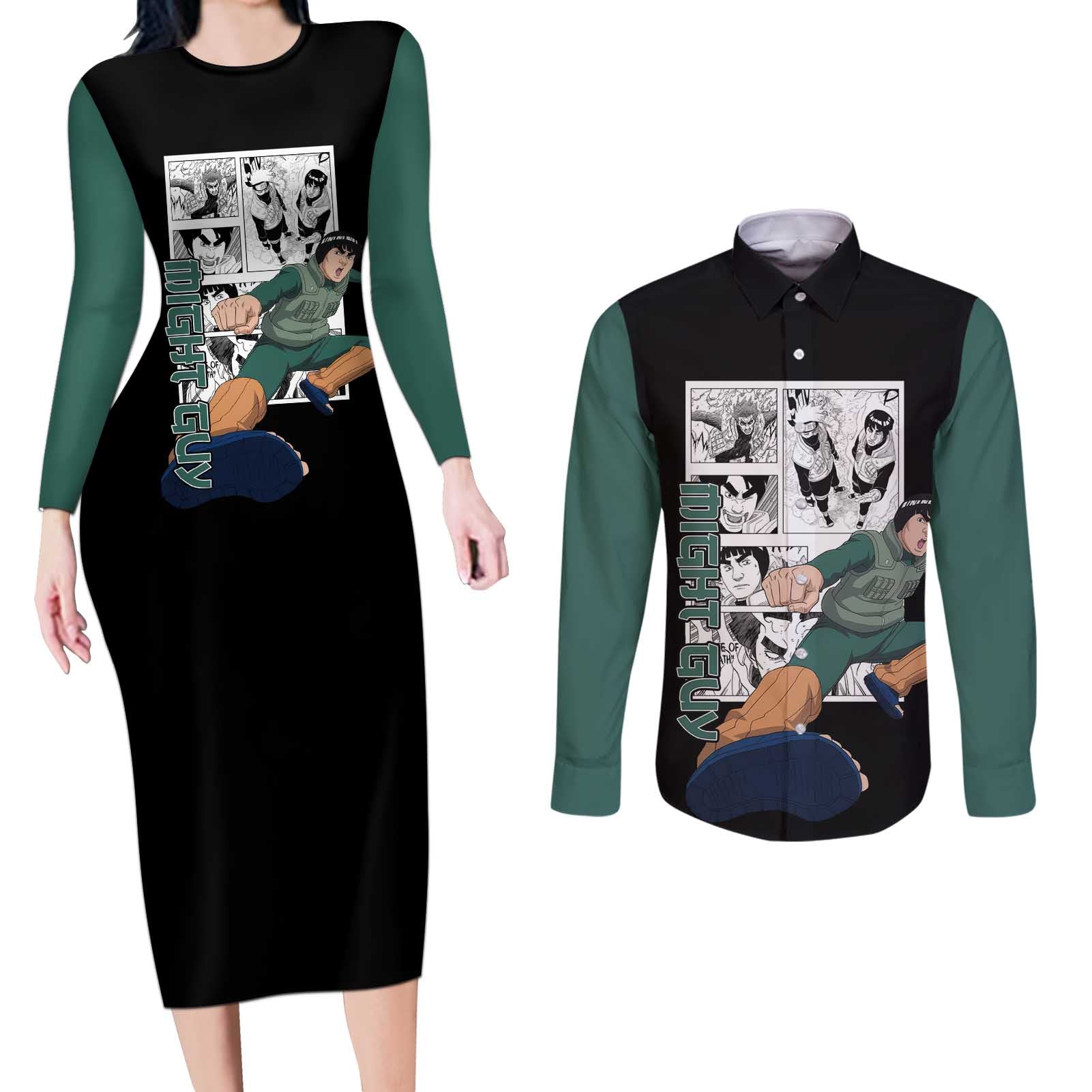 Might Guy - Naruto Couples Matching Long Sleeve Bodycon Dress and Long Sleeve Button Shirt Anime Mix Manga Style