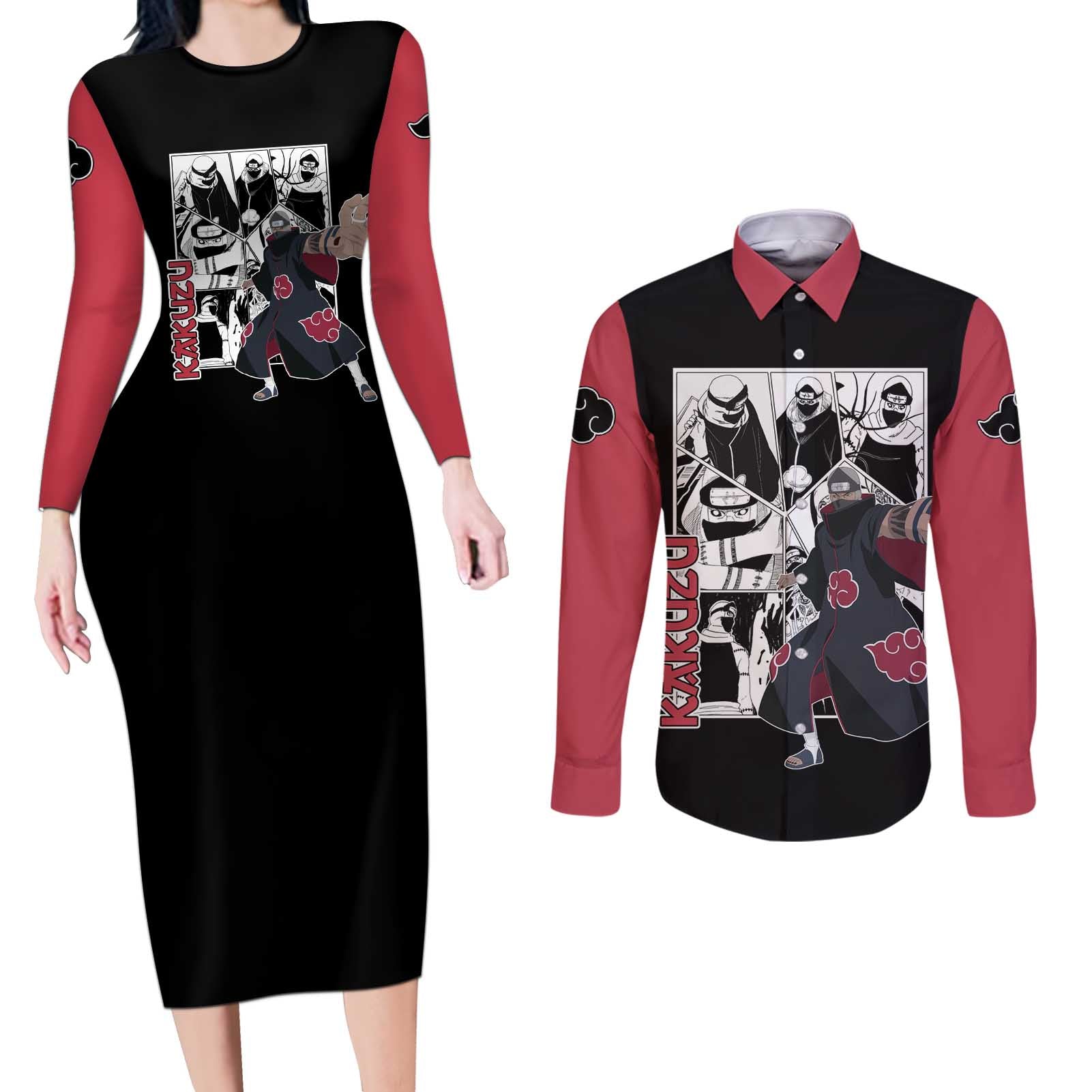 Kakuzu - Naruto Couples Matching Long Sleeve Bodycon Dress and Long Sleeve Button Shirt Anime Mix Manga Style