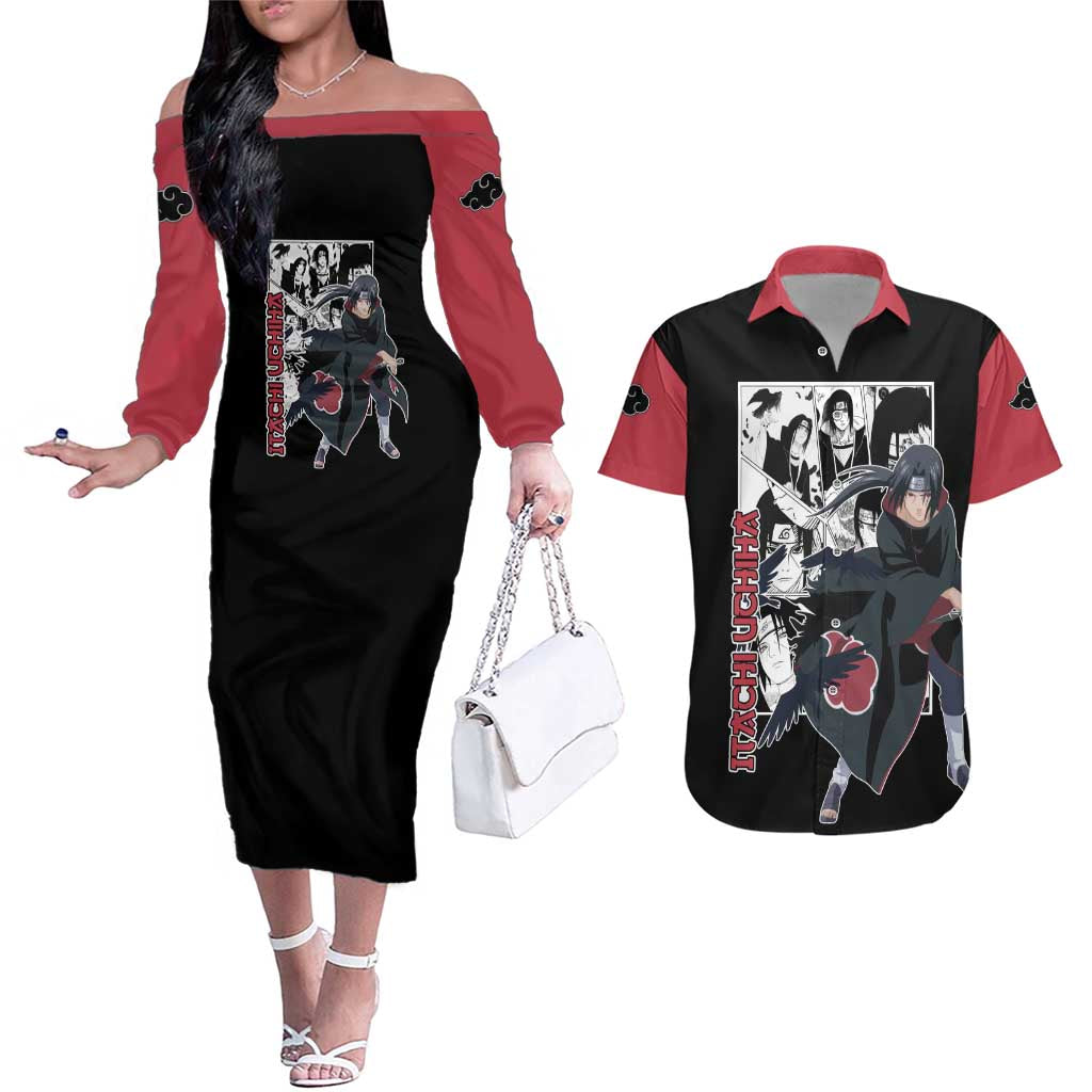 Itachi Uchiha - Naruto Couples Matching Off The Shoulder Long Sleeve Dress and Hawaiian Shirt Anime Mix Manga Style