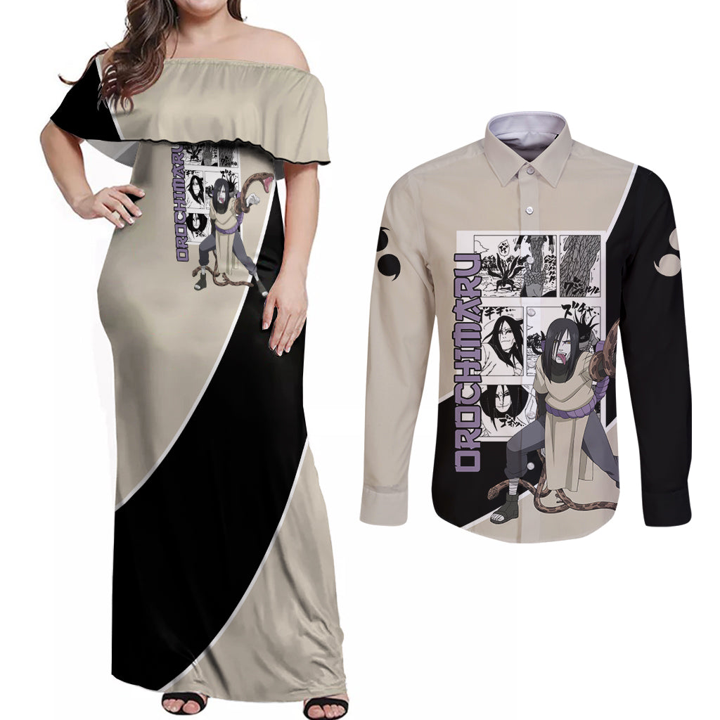 Orochimaru - Naruto Couples Matching Off Shoulder Maxi Dress and Long Sleeve Button Shirt Anime Mix Manga Style