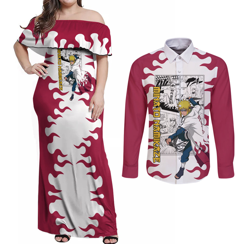 Minato Namikaze - Naruto Couples Matching Off Shoulder Maxi Dress and Long Sleeve Button Shirt Anime Mix Manga Style