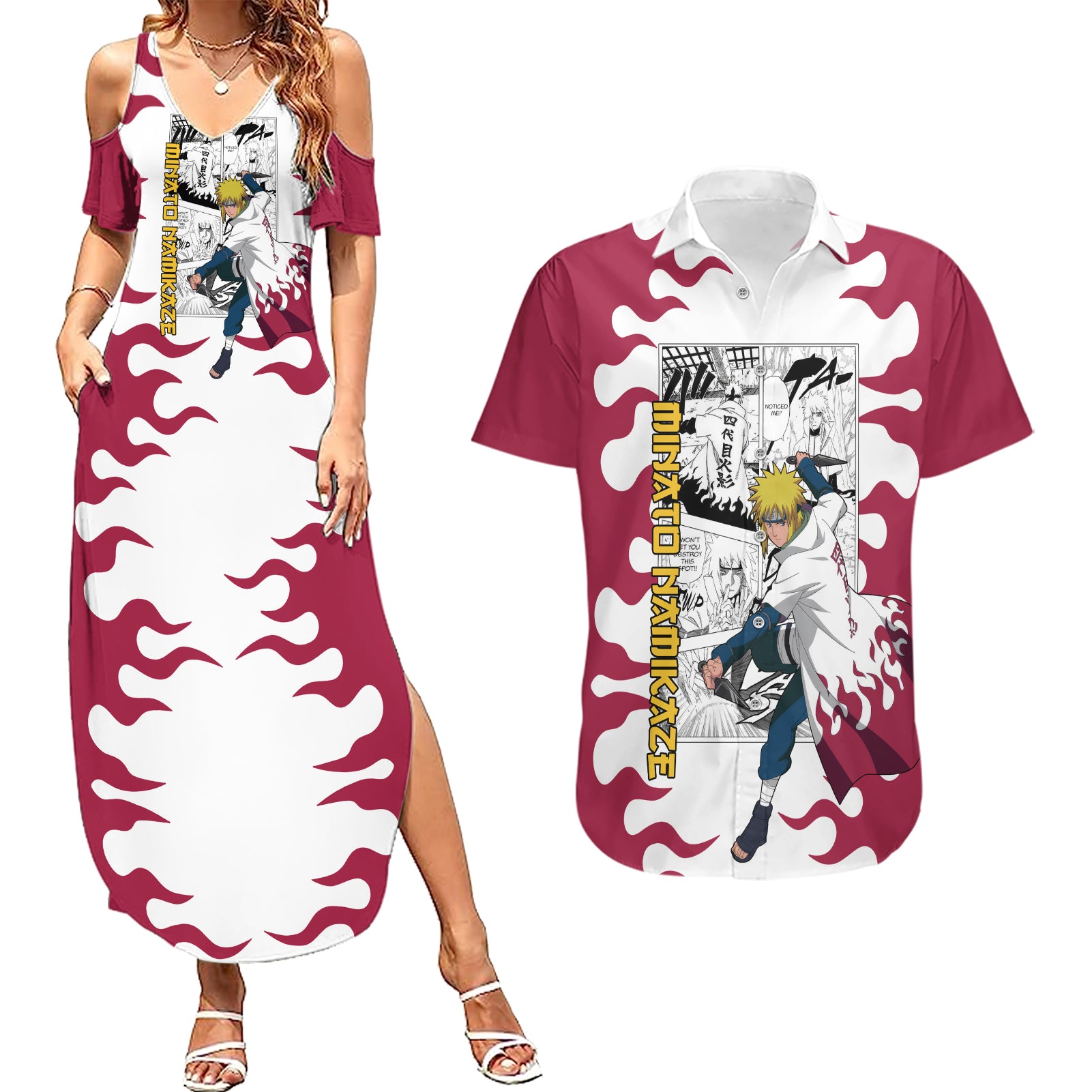 Minato Namikaze - Naruto Couples Matching Summer Maxi Dress and Hawaiian Shirt Anime Mix Manga Style