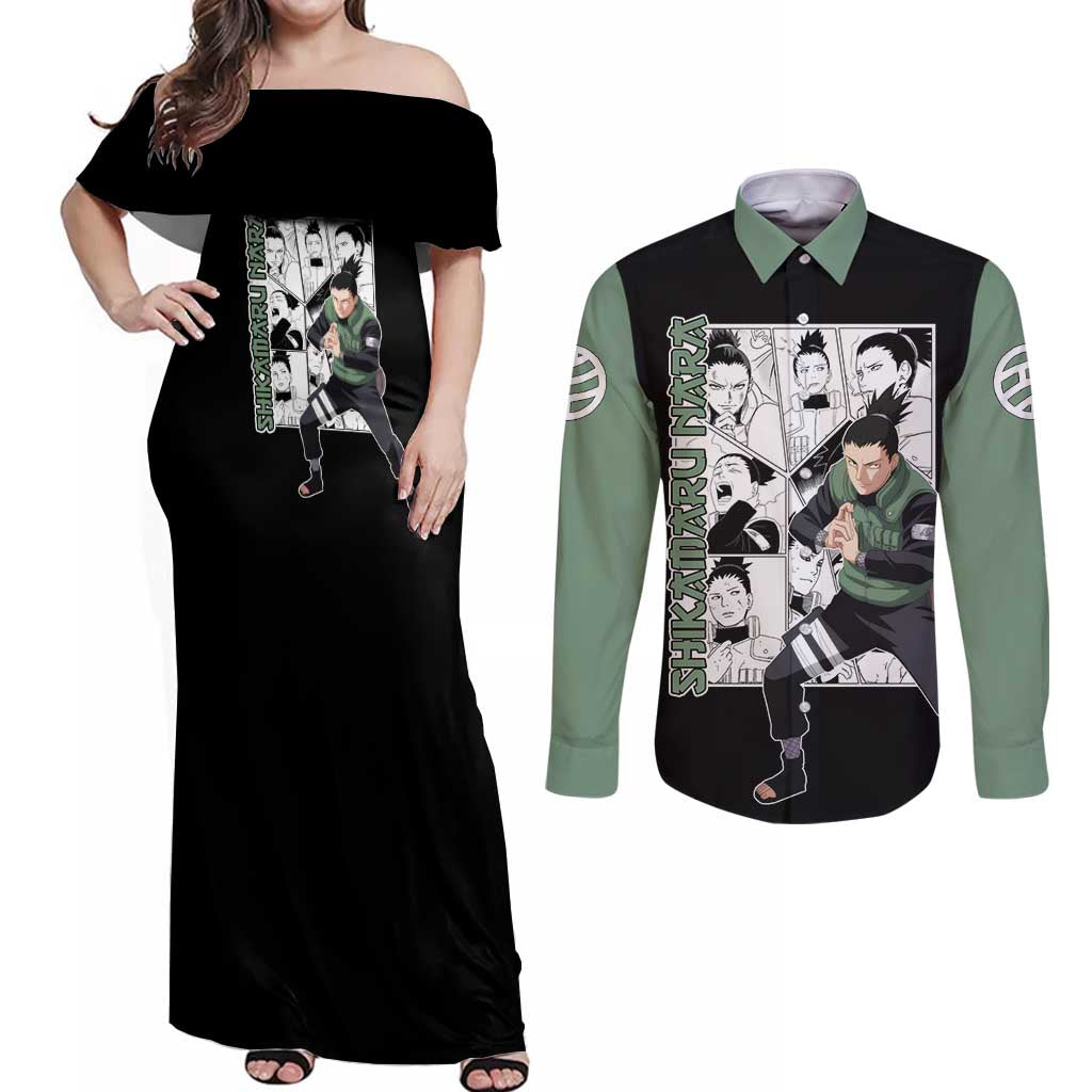 Shikamaru Nara - Naruto Couples Matching Off Shoulder Maxi Dress and Long Sleeve Button Shirt Anime Mix Manga Style