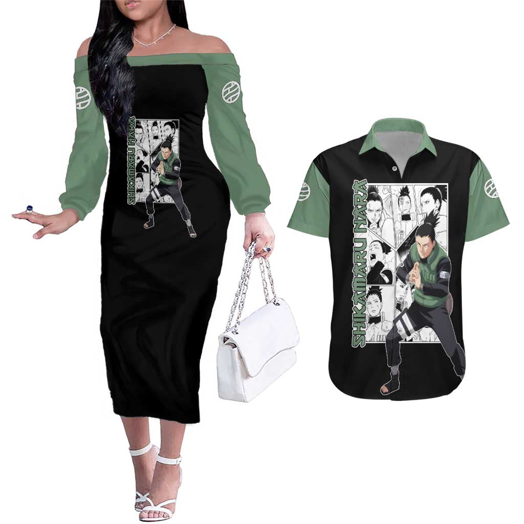 Shikamaru Nara - Naruto Couples Matching Off The Shoulder Long Sleeve Dress and Hawaiian Shirt Anime Mix Manga Style