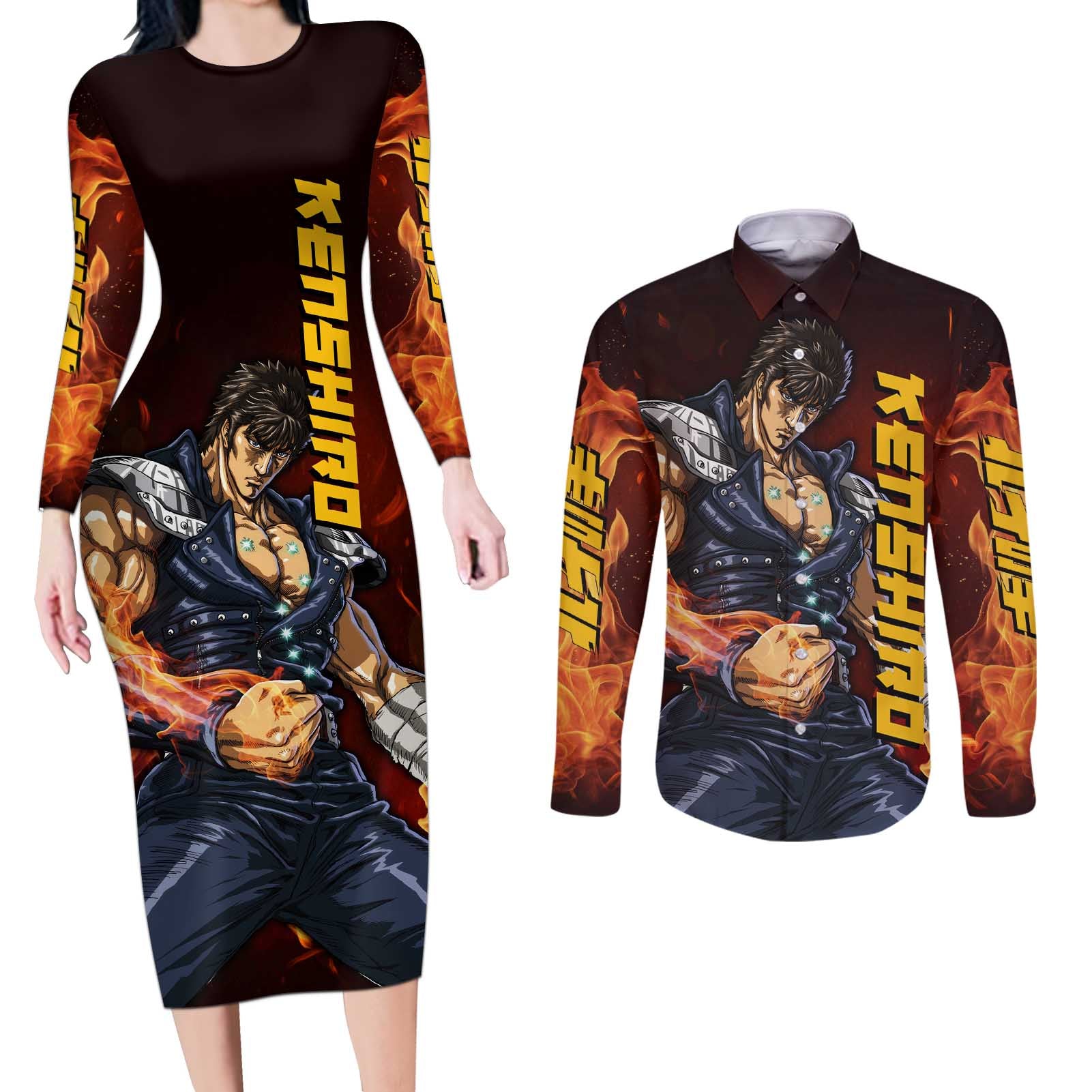 Kenshiro - Fist of the North Star Couples Matching Long Sleeve Bodycon Dress and Long Sleeve Button Shirt Anime Style