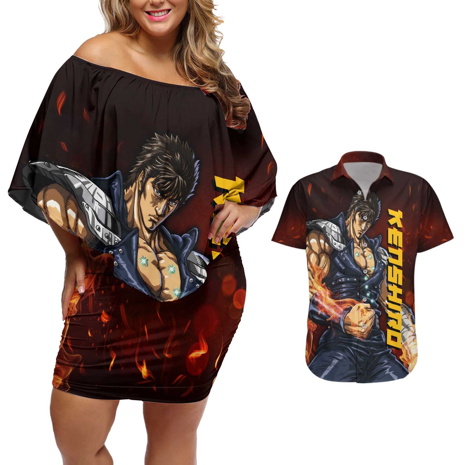 Kenshiro - Fist of the North Star Couples Matching Off Shoulder Short Dress and Hawaiian Shirt Anime Style