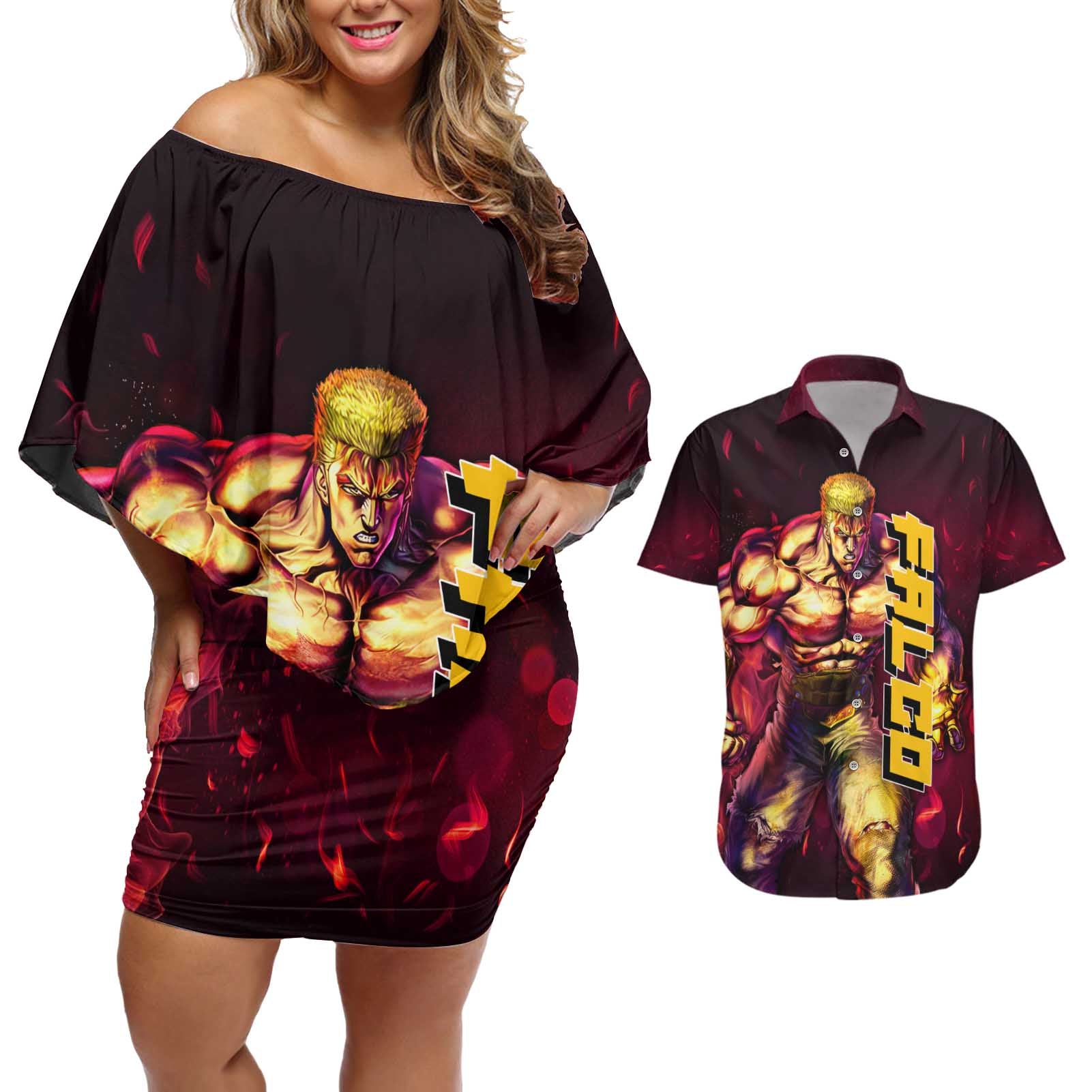 Falco - Fist Of The North Star Couples Matching Off Shoulder Short Dress and Hawaiian Shirt Anime Mix Manga Style