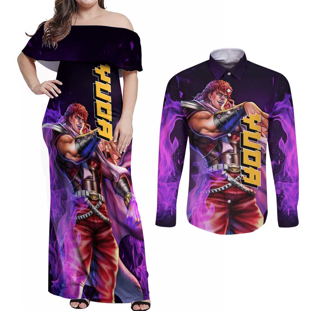 Yuda - Fist Of The North Star Couples Matching Off Shoulder Maxi Dress and Long Sleeve Button Shirt Anime Mix Manga Style