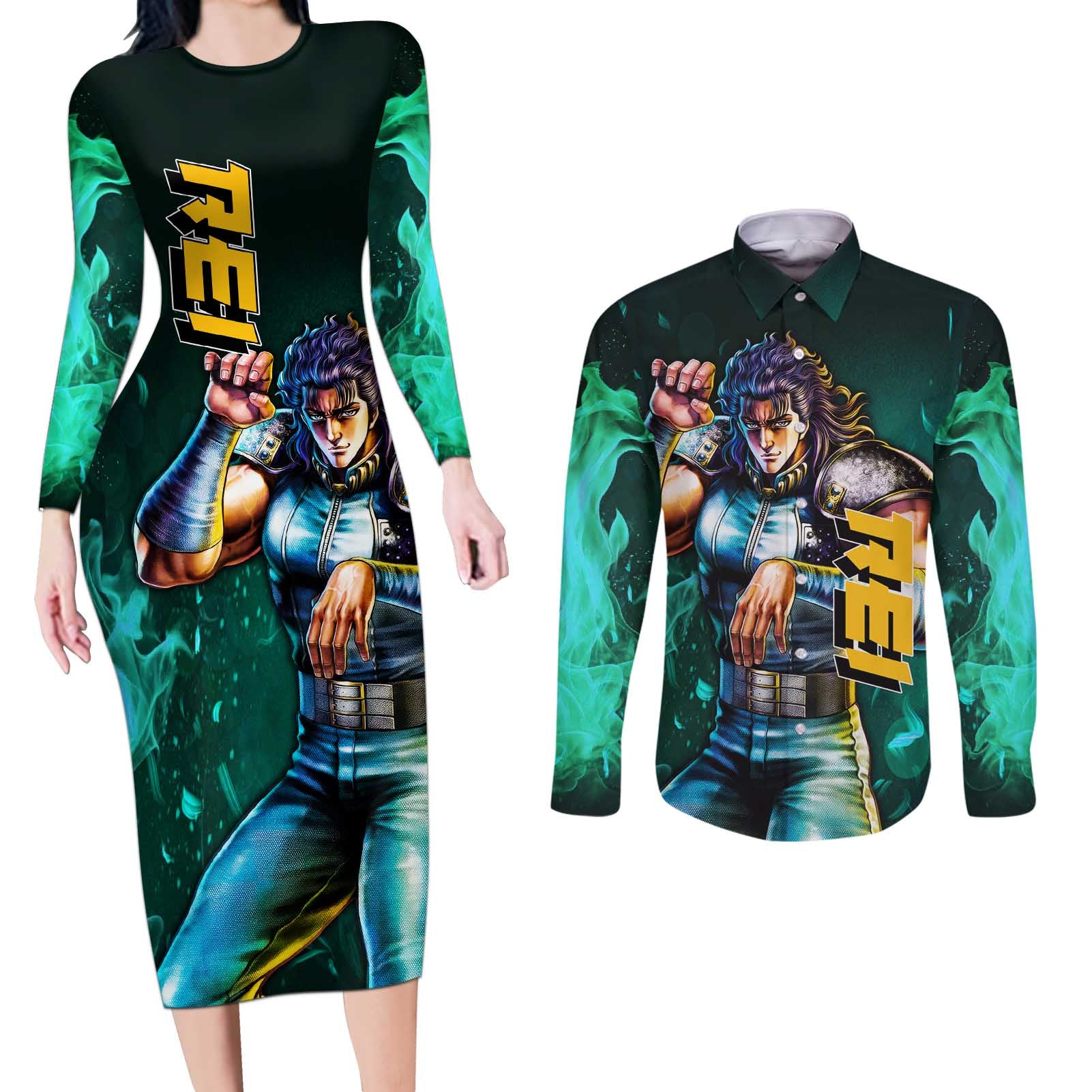 Rei - Fist Of The North Star Couples Matching Long Sleeve Bodycon Dress and Long Sleeve Button Shirt Anime Mix Manga Style