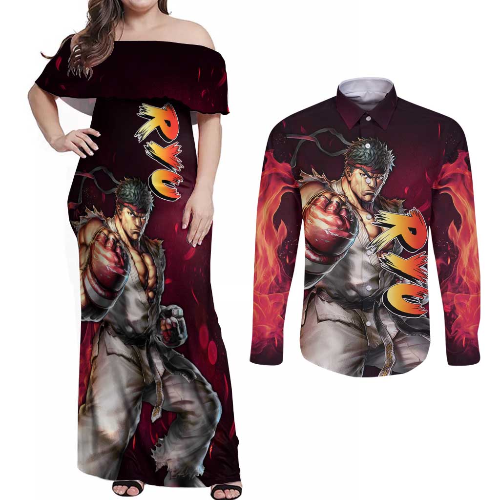 Ryu - Street Fighter Couples Matching Off Shoulder Maxi Dress and Long Sleeve Button Shirt Anime Style