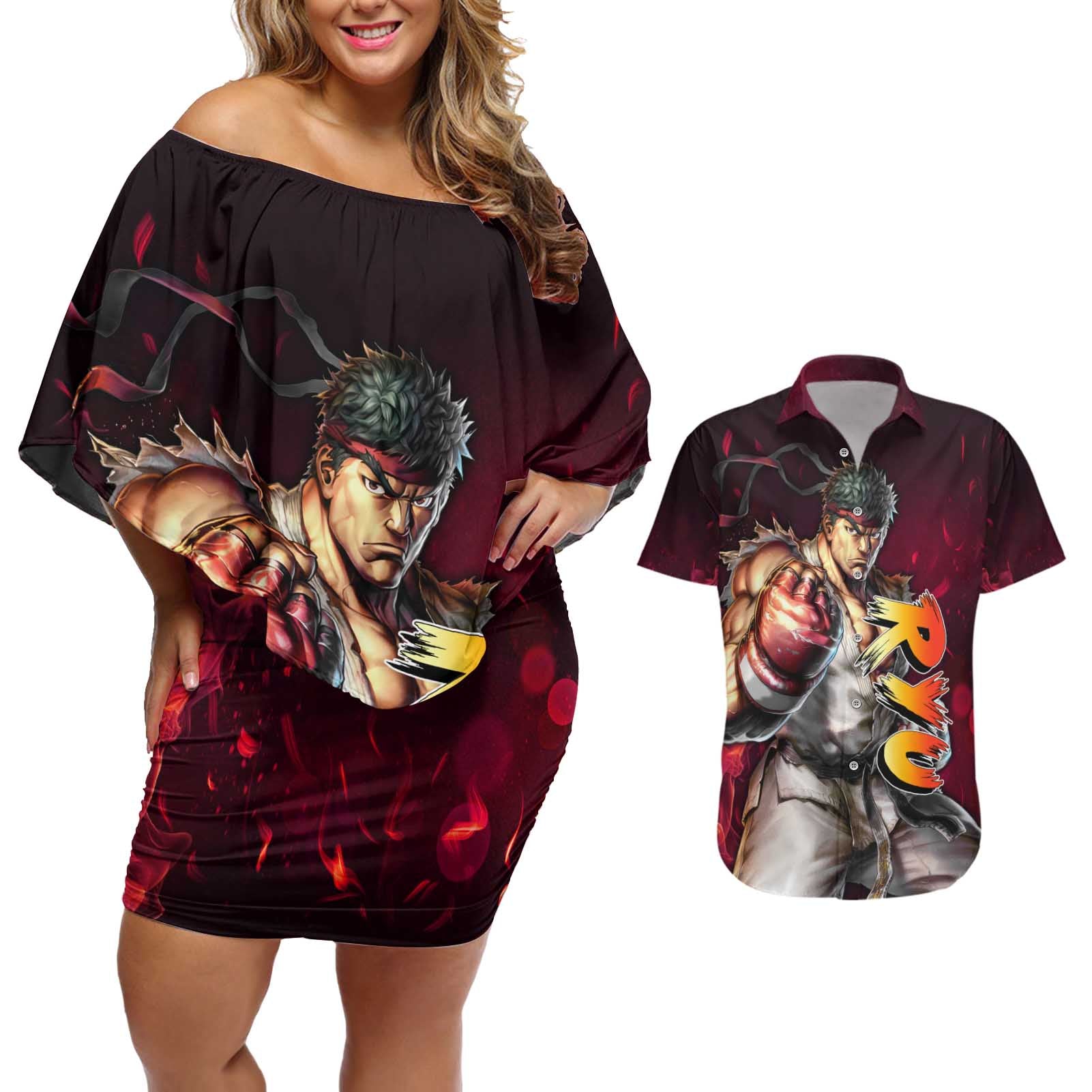 Ryu - Street Fighter Couples Matching Off Shoulder Short Dress and Hawaiian Shirt Anime Style