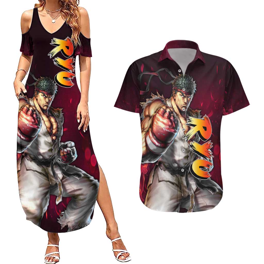 Ryu - Street Fighter Couples Matching Summer Maxi Dress and Hawaiian Shirt Anime Style