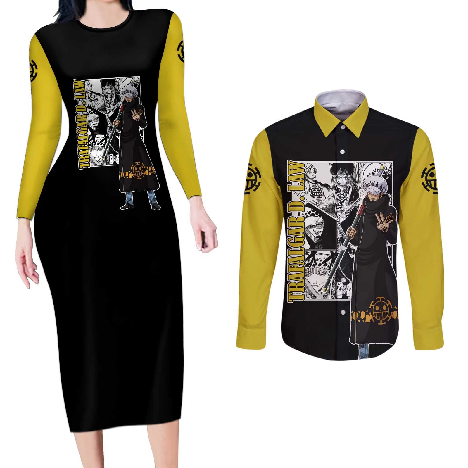 Trafalgar D. Law - One Piece Couples Matching Long Sleeve Bodycon Dress and Long Sleeve Button Shirt Anime Mix Manga Style