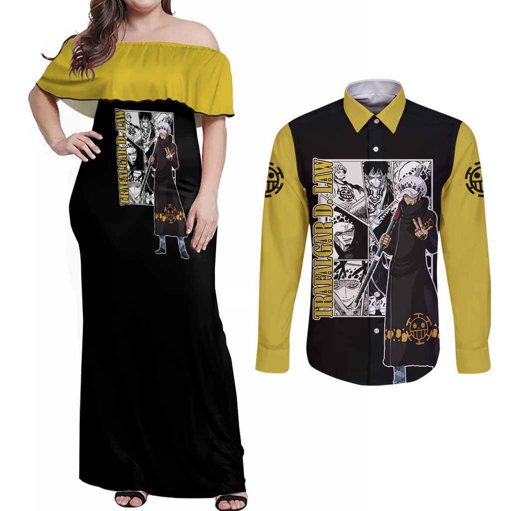 Trafalgar D. Law - One Piece Couples Matching Off Shoulder Maxi Dress and Long Sleeve Button Shirt Anime Mix Manga Style