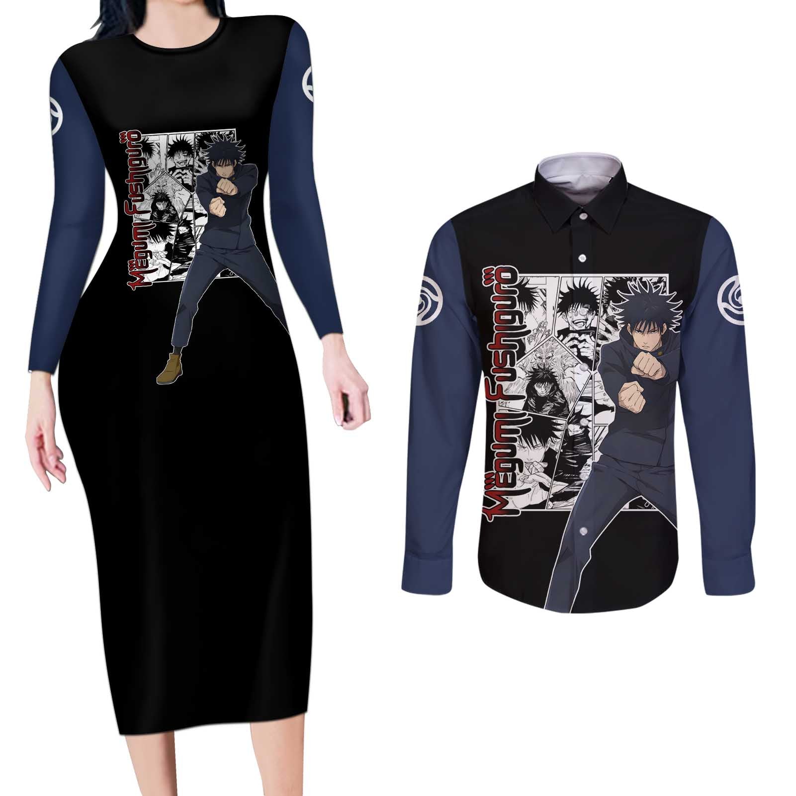 Megumi Fushiguro - Jujustu Kaisen Couples Matching Long Sleeve Bodycon Dress and Long Sleeve Button Shirt Anime Mix Manga Style