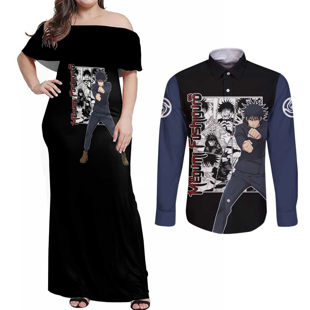 Megumi Fushiguro - Jujustu Kaisen Couples Matching Off Shoulder Maxi Dress and Long Sleeve Button Shirt Anime Mix Manga Style