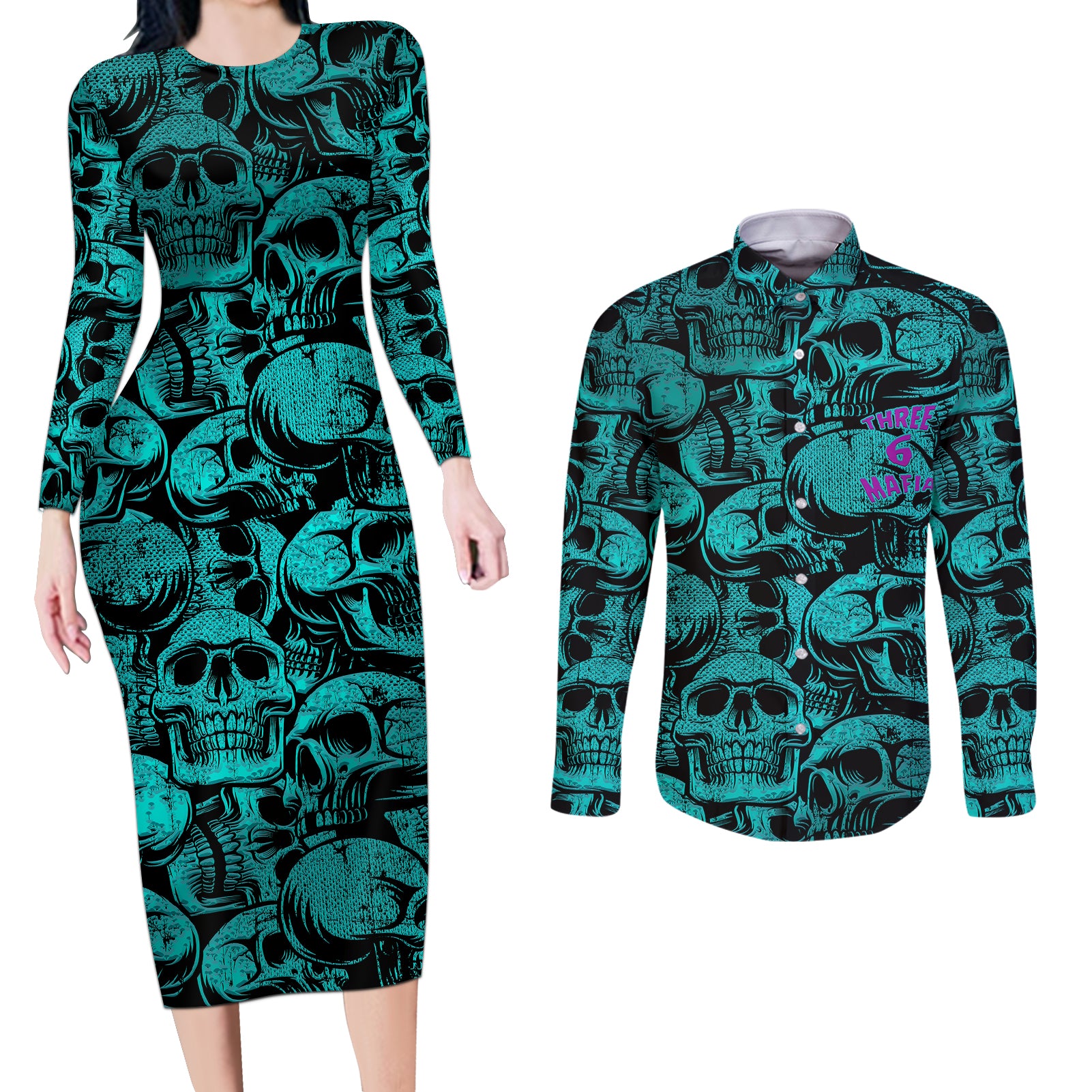 three-6-mafia-skull-couples-matching-long-sleeve-bodycon-dress-and-long-sleeve-button-shirts-three-6-mafia