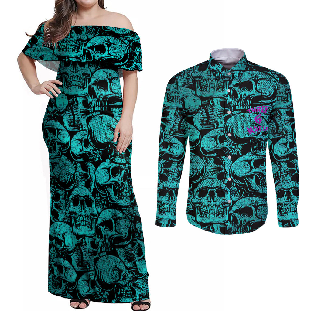 three-6-mafia-skull-couples-matching-off-shoulder-maxi-dress-and-long-sleeve-button-shirts-three-6-mafia