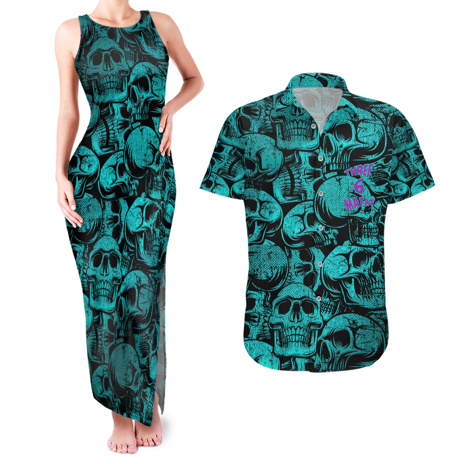 three-6-mafia-skull-couples-matching-tank-maxi-dress-and-hawaiian-shirt-three-6-mafia